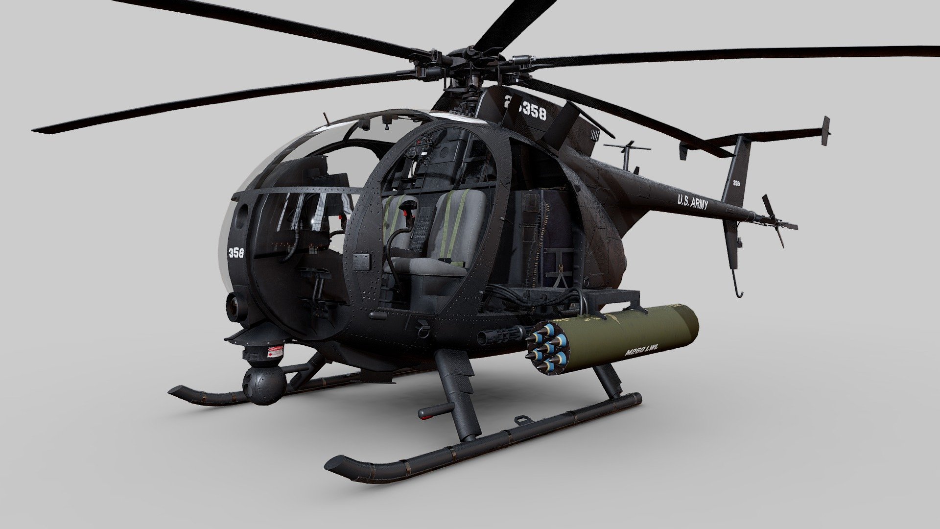 MH-6 Little Bird Helicopter


Full 3D modeled interior and cockpit
3D modeled indicators and separated objects
Organized workflow and files
Emission maps included
Substance Painter Project included to make your own skins

Fully UV unwrapped



File format: Blend FBX OBJ


Materials/Textures: PBR textures in substance painter
Material Maps: Base color, Roughness, Metallic, Normal, Emission
Texture resolution: 4k textures

Polycount:


Objects: 158
Vertices: 107.945
Edges: 198.885
Faces: 92.633
Triangles: 192.568
 - MH-6 Little Bird Helicopter - Buy Royalty Free 3D model by luisbcompany 3d model