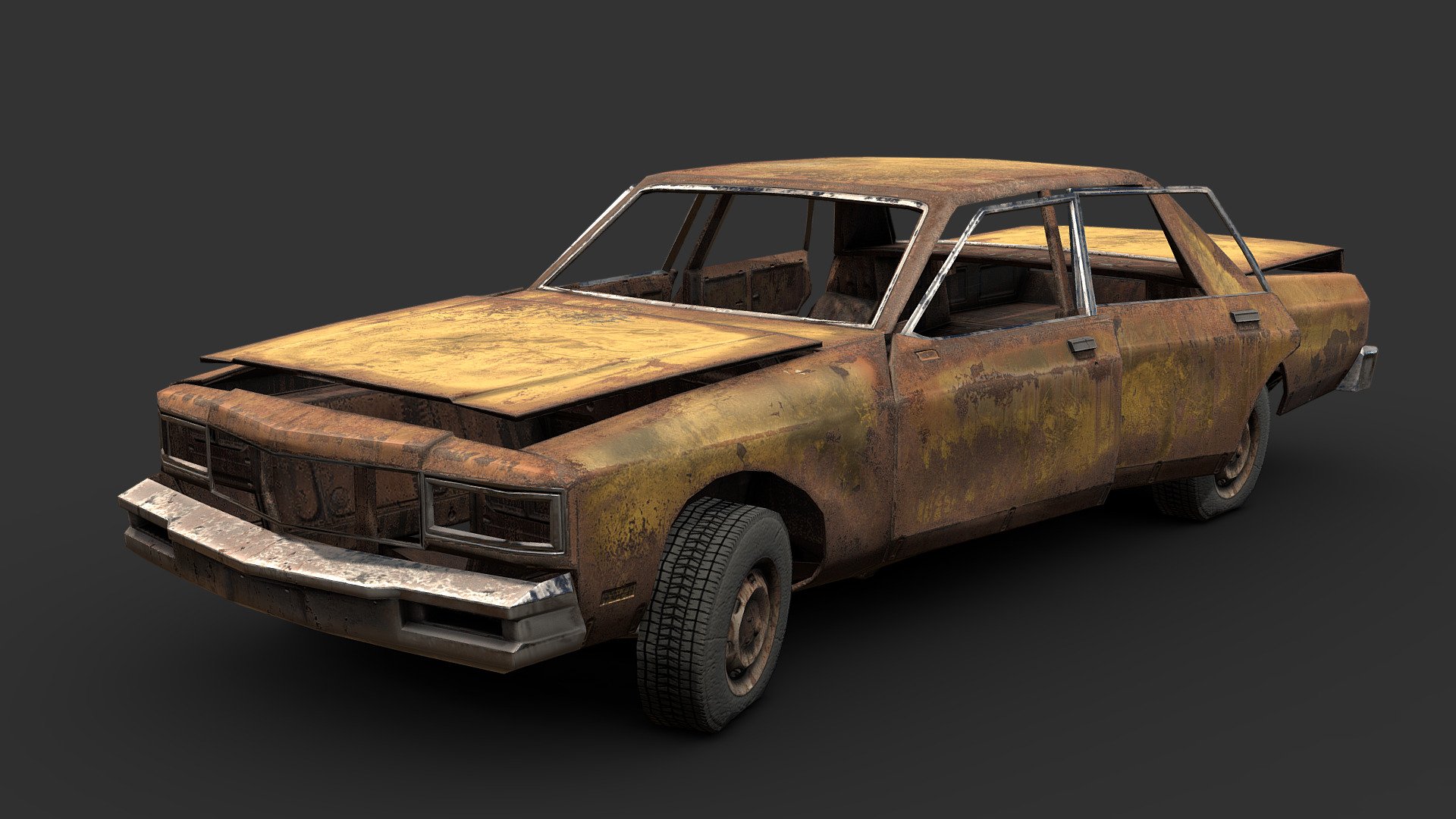 This old sedan has been stripped of most anything useful and anything else has been left to rust.

Made in 3DSMax and Substance Painter

Questions? Interested in a custom model? Want me working on your project? Feel free to contact me via artstation at: https://www.artstation.com/renafox3d - Gutted Old Sedan - Buy Royalty Free 3D model by Renafox (@kryik1023) 3d model