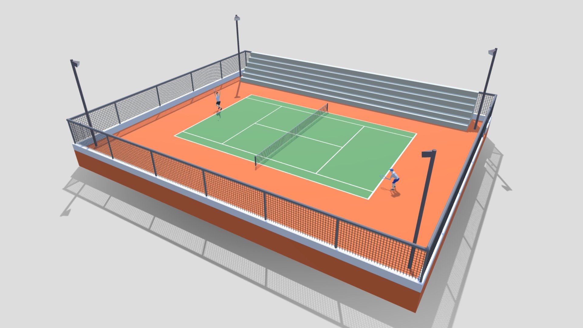 This is a cartoon 3D model of a tennis court with 2 kids playing tennis. The 3D scene was modeled and prepared for low-poly cartoon style renderings, background, general CG visualization.

The 3D model is presented as 8 meshes with quads/tris.

The court, The fence, The lights, The side walls, The door, The bleachers, Tennis kid 1, Tennis kid 2

Verts : 74.140 Faces: 94.638.

All meshes have simple materials with diffuse colors.

No ring, maps and no UVW mapping is available.

The original file was created in blender. You will receive a OBJ, FBX, blend, DAE, Stl.

All preview images were rendered with Blender Cycles. Product is ready to render out-of-the-box. Please note that the lights, cameras, and background is only included in the .blend file. The model is clean and alone in the other provided files, centered at origin and has real-world scale 3d model