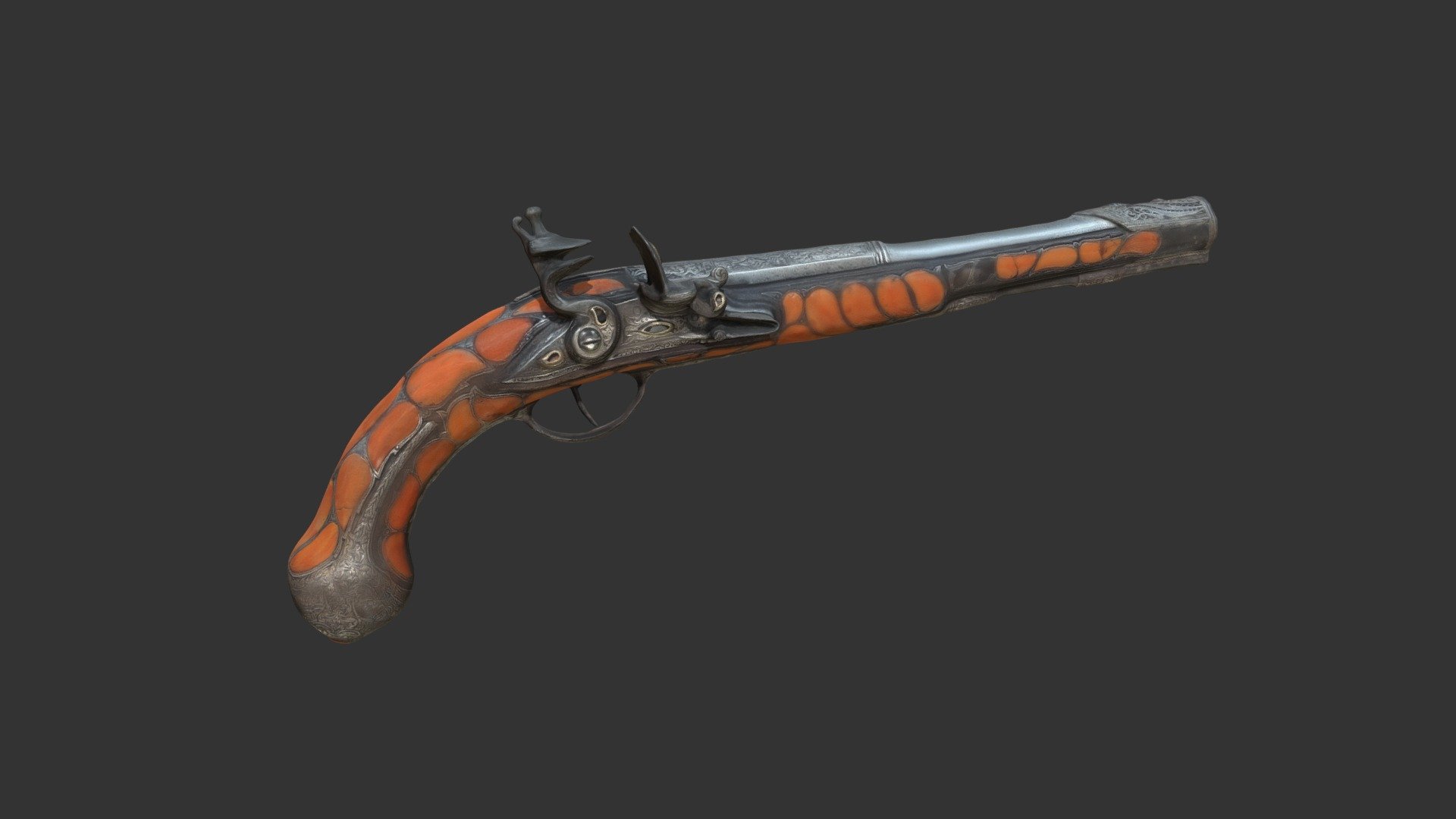Modeled for Tula State Arms Museum
https://sketchfab.com/models/792ca024195d4292829d8d0b304ced30#
https://twitter.com/M_Kadilnikov
Pistols made in the Balkans, differed by narrower elongated handle with knob shaped “apple”, while the grip “apples” of the Turkish guns were of a more round shape.

Country: Ottoman Empire, Balkans

Time of production: XVII-XIX c.

Material: Steel, wood

Decoration technique: Embossing, inlay, filigree

Caliber, mm: 17

Total length, cm: 45,5

Barrel length, cm: 30,5

Weight, kg: 2,4 - Flintlock Pistol - Download Free 3D model by Mikhail Kadilnikov (@MikhailKadilnikov) 3d model