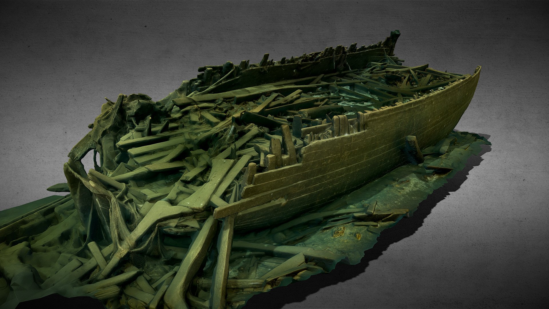 This wooden sailship is most probably a 19th century wreck. It lies on 82 meters depth, north-east of Wladyslawowo, Poland. The cargo of this ship was grain - the white substance all over the wreck is mouldy grain. This wreck was visited as a part of Baltictech expedition organized in cooperation with National Maritime Museum in Gdansk. To our knowledge, it was only visited once before, by polish navy divers. No one else has ever seen this wreck. The model was created from over 7000 photographs taken during 35 minutes on the bottom, using a multiple camera and video lights rig mounted on a DPV 3d model