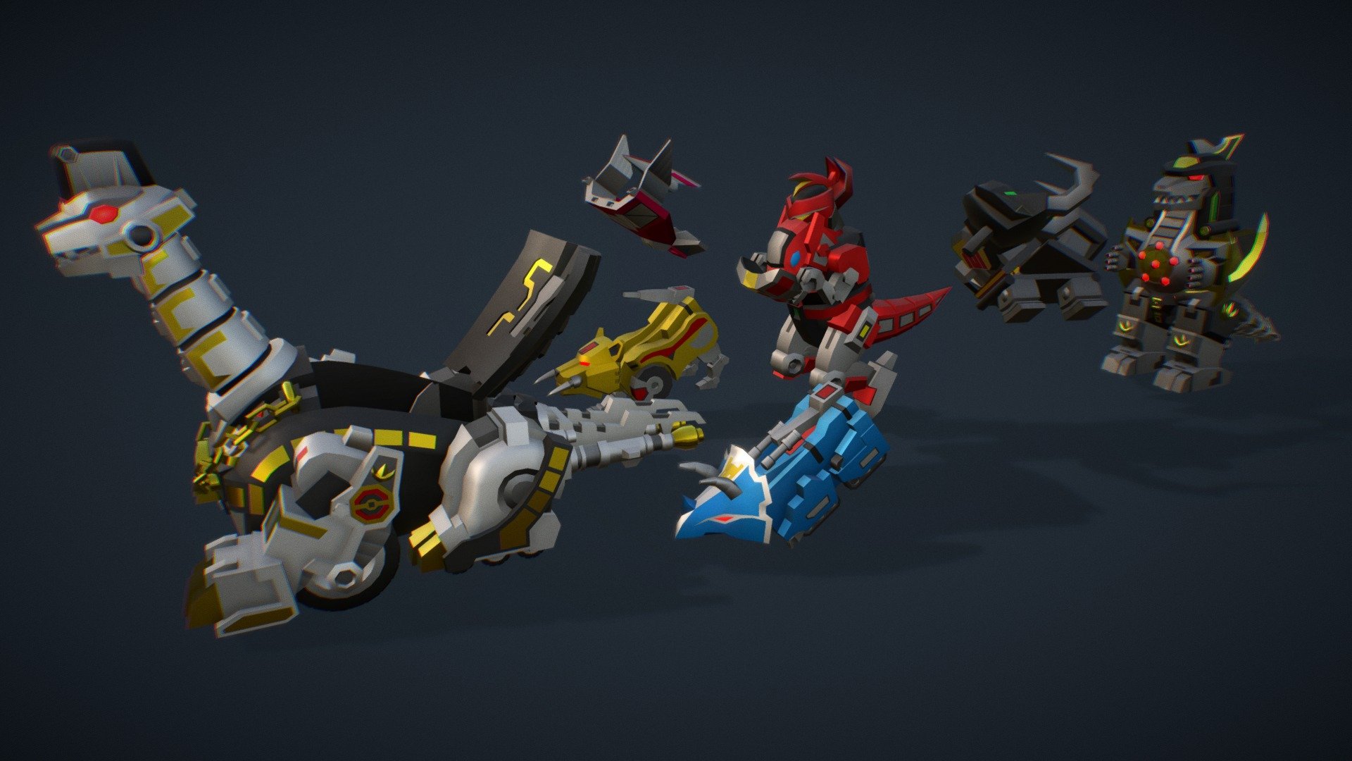Low Poly version of the 7 Dinozords transforming into the mythical ULTRAZORD! 
Uses 3 textures for the whole 7 models.
Easy to use. Organized folders, so you can separate the zords, in order to use them individually&hellip; 
Only 17$ for the cutest mech collection! - ULTRAZORD_combining - Buy Royalty Free 3D model by Marcos Faci (@marcosfaci) 3d model