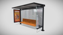 Bus Stop modern, area, road, bus, sign, busstop, public, realistic, station, shelter, waiting, stop, sidewalk, transit, tram, glass, game, low, poly, city, street