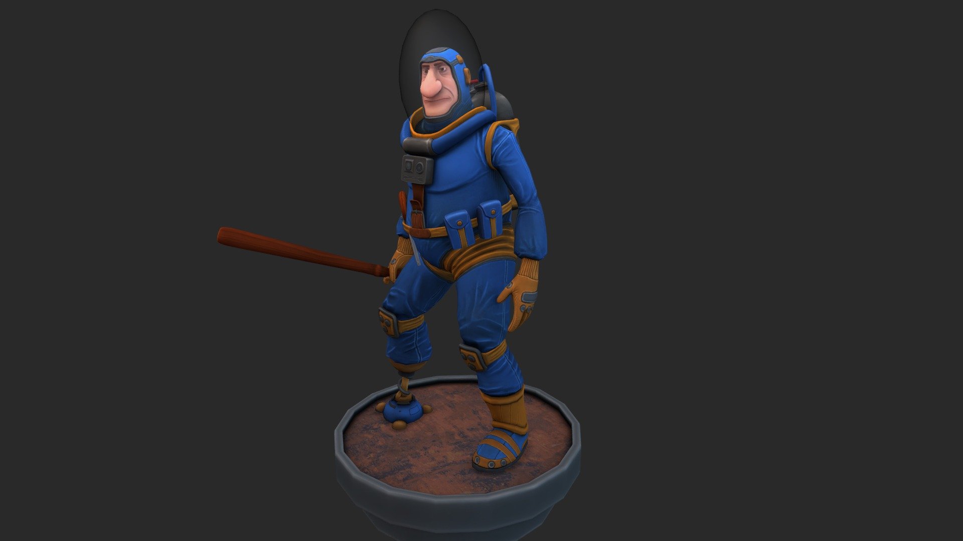 I hand an idea of making a low tech astonaut that does not use laser weapons or similar, but goes around with a bat and a smug. 
I've used the concept sketch that I found online to build the basemesh in max, sculpt in zbrush and retopo in max again.
Model is lowpoly, and the reason for the sculpt was to extract AO, Normal and Bent Normal maps from the sculpt in order to bake a detailed map of the highlights and shadows onto the retopo model.
I've used the green channel from bent normal to simulate highlights from the &ldquo;above