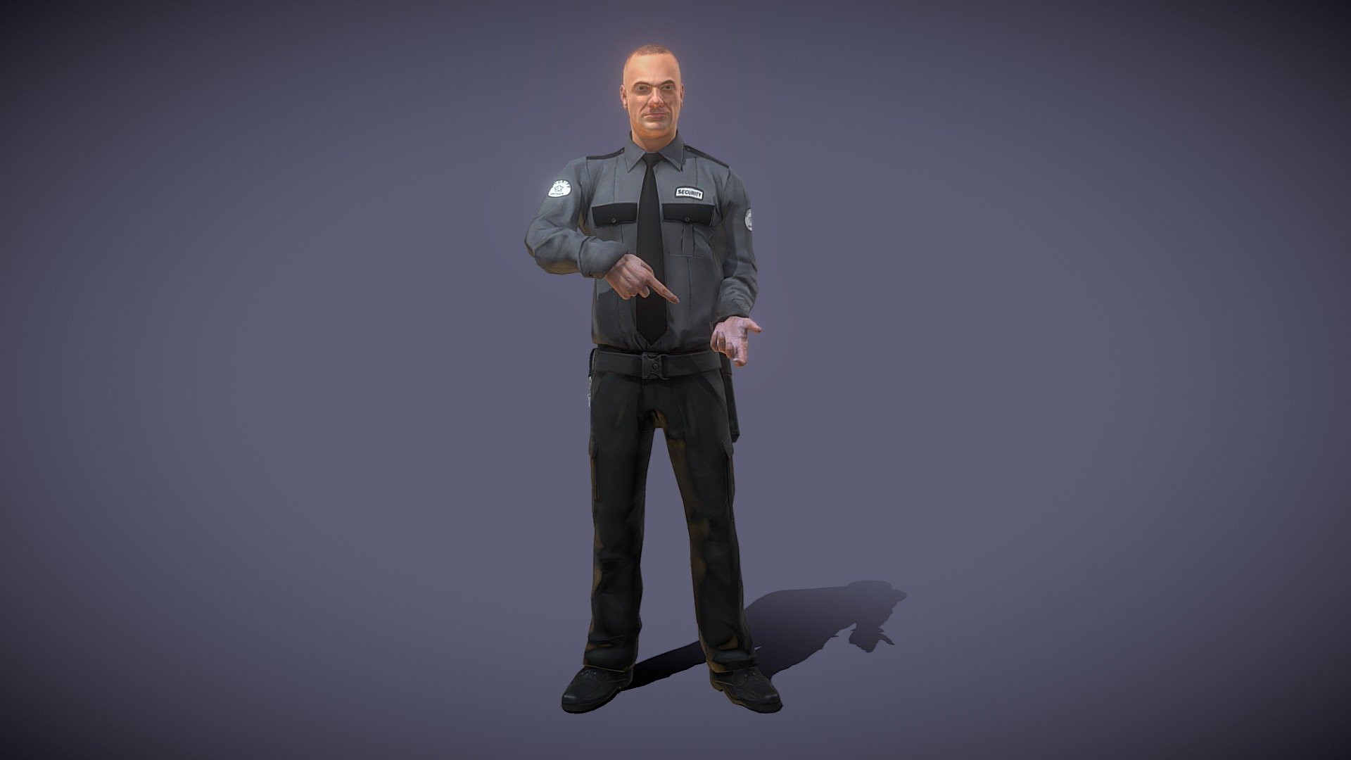 Generic security guard (with and without hat).




1 mesh.

Geometry: 13258 triangles, 8450 vertices (+480 triangles with hat).

Three PBR high resolution materials (2K).

Channels: diffuse, normal, metallic.

Animations: 58, all carrying a (not included) submachine gun.

Rigged type Generic.

SRP support: BuiltIn, URP, HDRP.

Unity version: +2020.3.
 - Security Guard 1 - Buy Royalty Free 3D model by Hitoshi Matsui (@hitoshi.matsui) 3d model