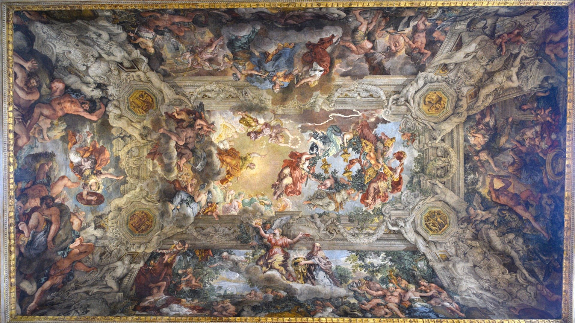 Allegory of Divine Providence and Barberini Power

Pietro da Cortona

c. 1633-1639

Fresco

Galleria Nazionale d'Arte Antica, Palazzo Barberini, Rome

The Allegory of Divine Providence and Barberini Power is a fresco by Italian painter Pietro da Cortona, filling the large ceiling of the grand salon of the Palazzo Barberini in Rome, Italy. Begun in 1633, it was nearly finished in three years; upon Cortona's return from Venice, it was extensively reworked to completion in 1639. The Palazzo, since the 1620s, had been the palatial home of the Barberini family headed by Maffeo Barberini, by then Urban VIII, who had launched an extensive program of refurbishment of the city with art and architecture 3d model
