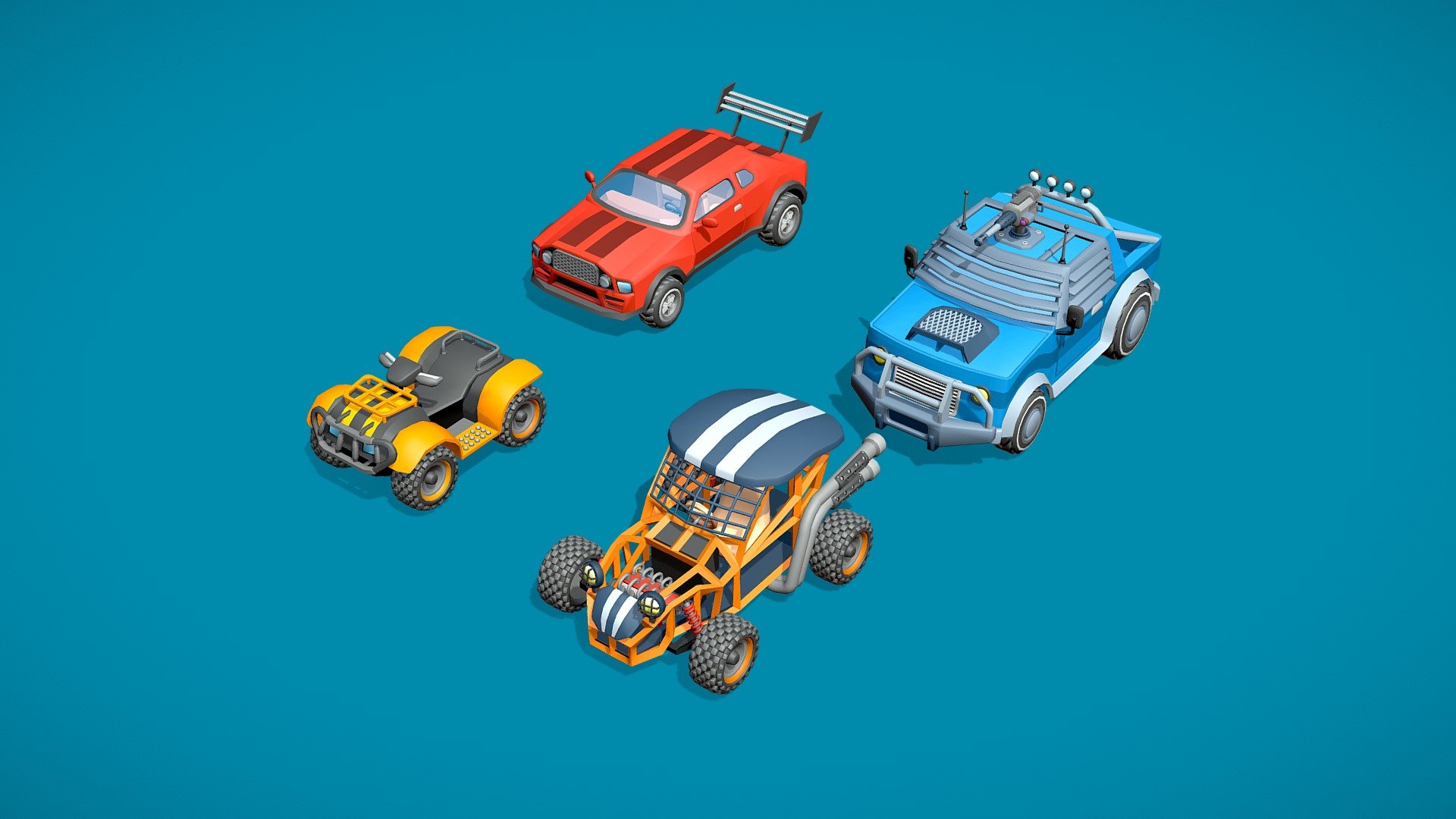 I've made this asset pack including an atv, a buggy, a muscle car and a pickup truck for an vehicle assault game. Player fights of enemies using turrets mounted on cars and with riders.

Each vehicle have unique characteristics and designs. Wheels, guards and attachments are modeled in accordance with the vehicle. It is used in a mobile shooter game 3d model