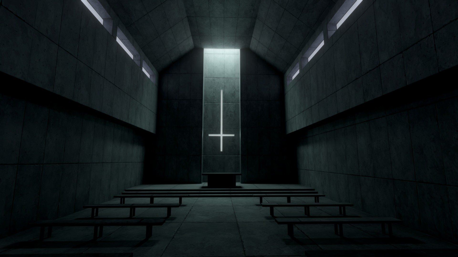 Dark interior inspired by Tadao Ando architecture. Futuristic brutalist minimalist church features a single beam of light illuminating an empty altar with pews for seating. The walls have smooth concrete panels and sharp edges, creating a calm and contemplative atmosphere 3d model