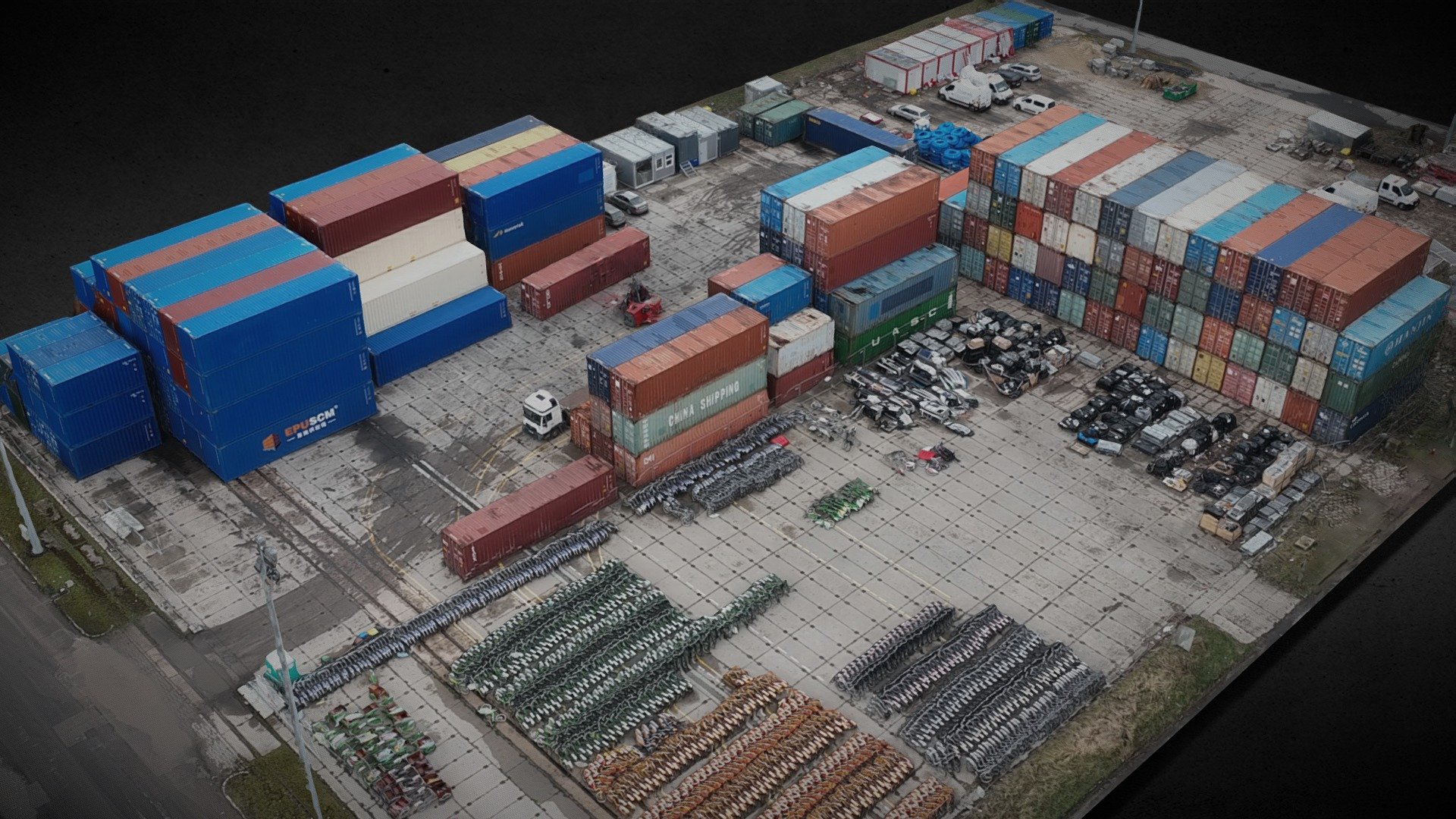 DJI Mavic 3 drone - aerial photogrammetry containers factory &amp; environment
maps 8k: diffuse
maps 4k: roughness, nrm, bump, ao
cleaned geometry, no retopology - containers storage photoscan DJI mavic 3 drone - Buy Royalty Free 3D model by looppy 3d model