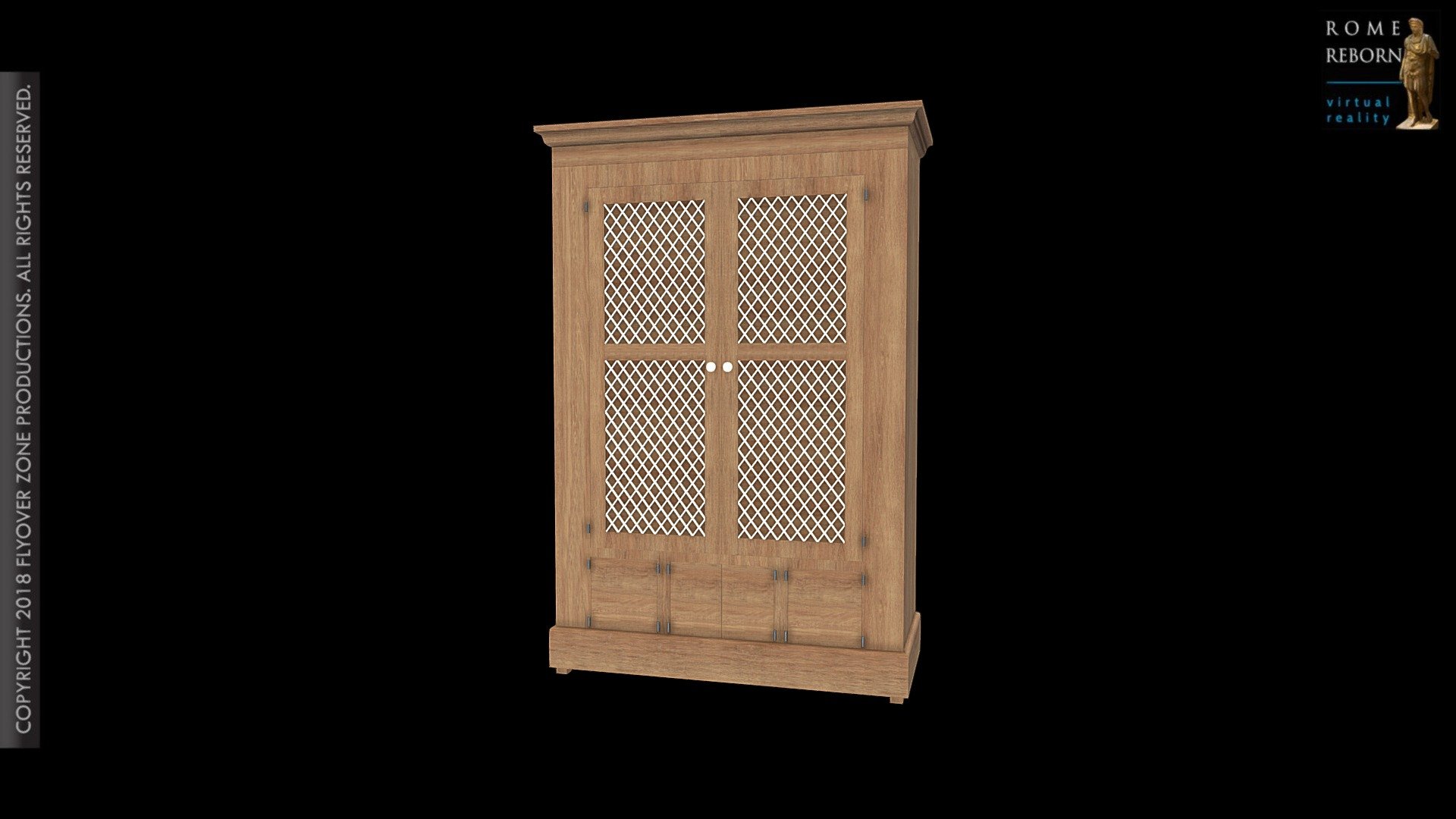 Name:  Cupboard (reconstruction)
Material: Wood
Format: Furniture
Bibliography: A.T. Croom, Roman Furniture (The History Press, Stroud, Gloucestershire 2010) 125 (fig. 60)
Name of modeler: Davide Angheleddu
Copyright 2020 Flyover Zone, Inc. All rights reserved.
 - Cupboard (reconstruction) - 3D model by Flyover Zone (@FlyoverZone) 3d model