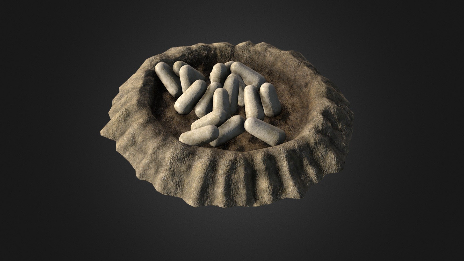 This is an asset I made for a game project in development that I got permission to upload. It's definitely different than other projects I've done, but that was my favorite part about it!

The nest base was blocked out in Maya, brought into Zbrush to get the secondary sand shapes around the outside, and retopologized back in Maya. It was then baked and textured in Substance Painter. 

It was really nice getting consistent feedback from my art director on how to push the details on an environment piece. I can't wait to see what I get to work on next 3d model