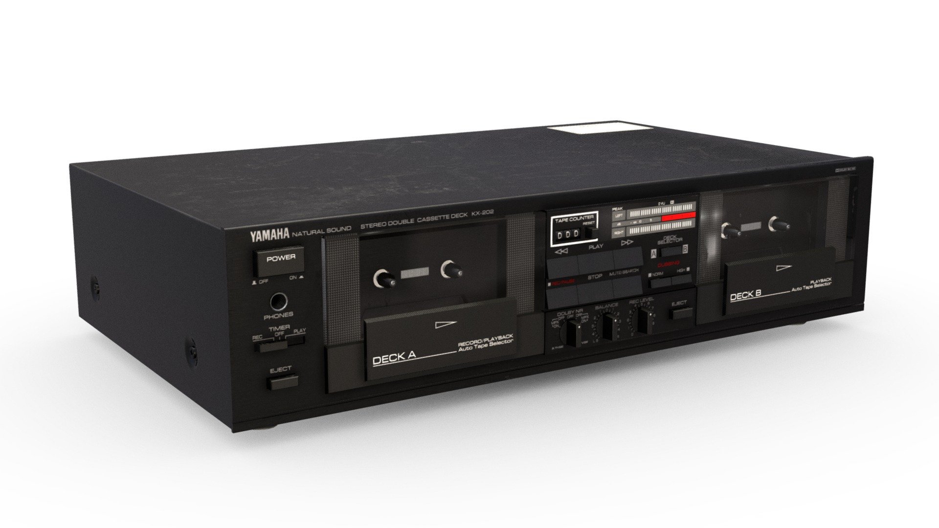 The Yamaha KX-202 Cassette Deck features two separate decks for playback and recording, and solely playback. This stylish, black, metal music player sits snuggly between it's respective record player, CD player and amplifier.
Technically it's KX-W202 and not KX-202, but hey &ndash; who's got time to fix a decal? 


This 3D model has been crafted with great attention to detail; the model is entirely to scale, and features 4k PBR textures created in Substance Painter.

 - Cassette Deck (Yamaha KX-202) - Download Free 3D model by AleixoAlonso 3d model