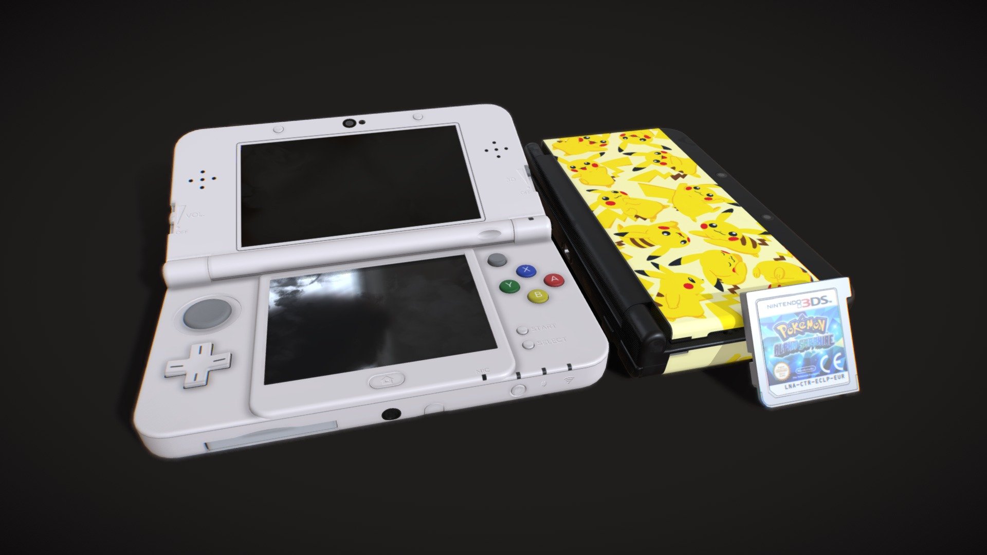 New Nintendo 3DS in white and black with Pikachu faceplates and Pokemon game cart - New Nintendo 3DS - Buy Royalty Free 3D model by Geng4d 3d model