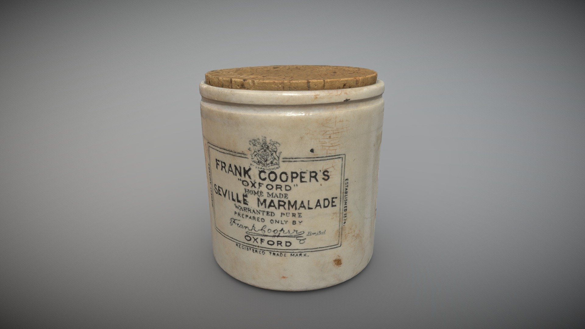 Vintage Frank Cooper's marmalade jar with cork lid photogrammetry scan. This model of two parts, the main jar and the cork lid. 

The Marmalade Jar scan was made using 216 images and the cork lid using 72 images on a Canon EOS R + 50mm Canon Prime lens. 

Created in reality capture and altereed in Blender. The Jar was originally 16.3m polys and the lid was 7.9m polys 3d model