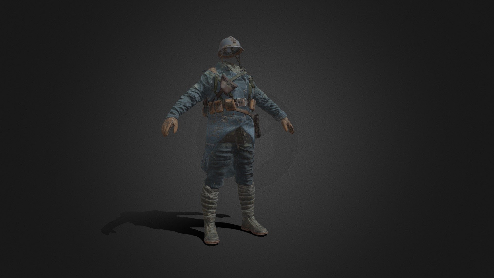 FRENCH WORLD WAR 1 SOLDIER + COAT + BACKPACK 3D French soldier uniform With Adrian Helmet Poilu from the World war 1 suit modeled in high precision. this is a mix between several references i found. this model has been accurately recreated in 3d High poly to keep every details.

The entire model was textured with its accessories relying on references and actual products. Textures may need to be relocate after uncompressing the Texture file into your production folder. If you are using another software, you'll need to recreate a PBR metallic roughness based shader and connect the UDIM textures into it


4K Textures. (PBR Metallic Roughness, UDIM uvs )

Royalty Free License ( Cf Cgtrader Terms and conditions ). Can be used in any type of projects : Image, render, vfx, commercial, Nft, video, film, games. Reselling Any parts, modified parts, baked Geometry or texture, or any ressources or modified ressources from this model in any form is not allowed 3d model
