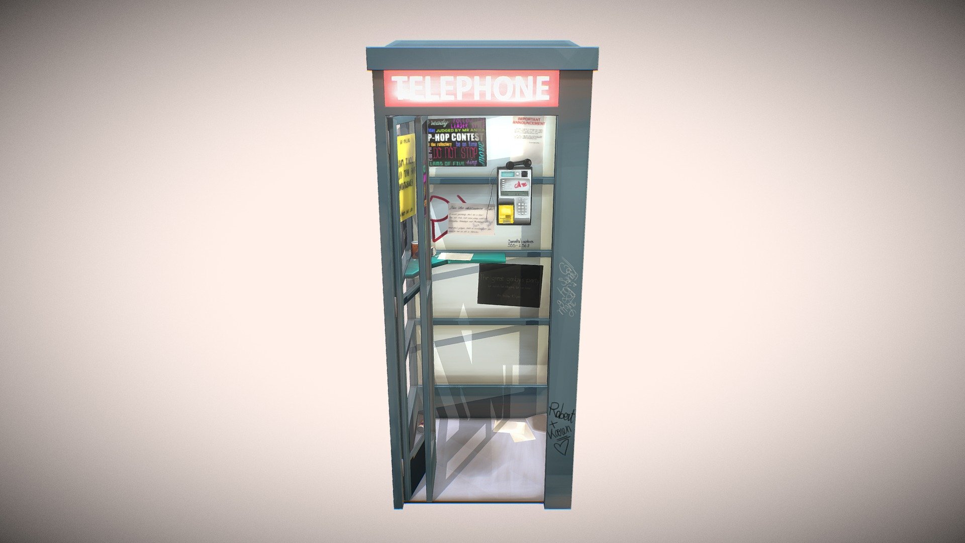 A telephone booth like the one that standed in my high school's corridor, all pimped and dirty. All the textures are hand painted in Photoshop.
You can see my Unreal renders here: https://www.artstation.com/artwork/22dwY - Telephone booth - Download Free 3D model by Marie Koller (@mariekoller) 3d model