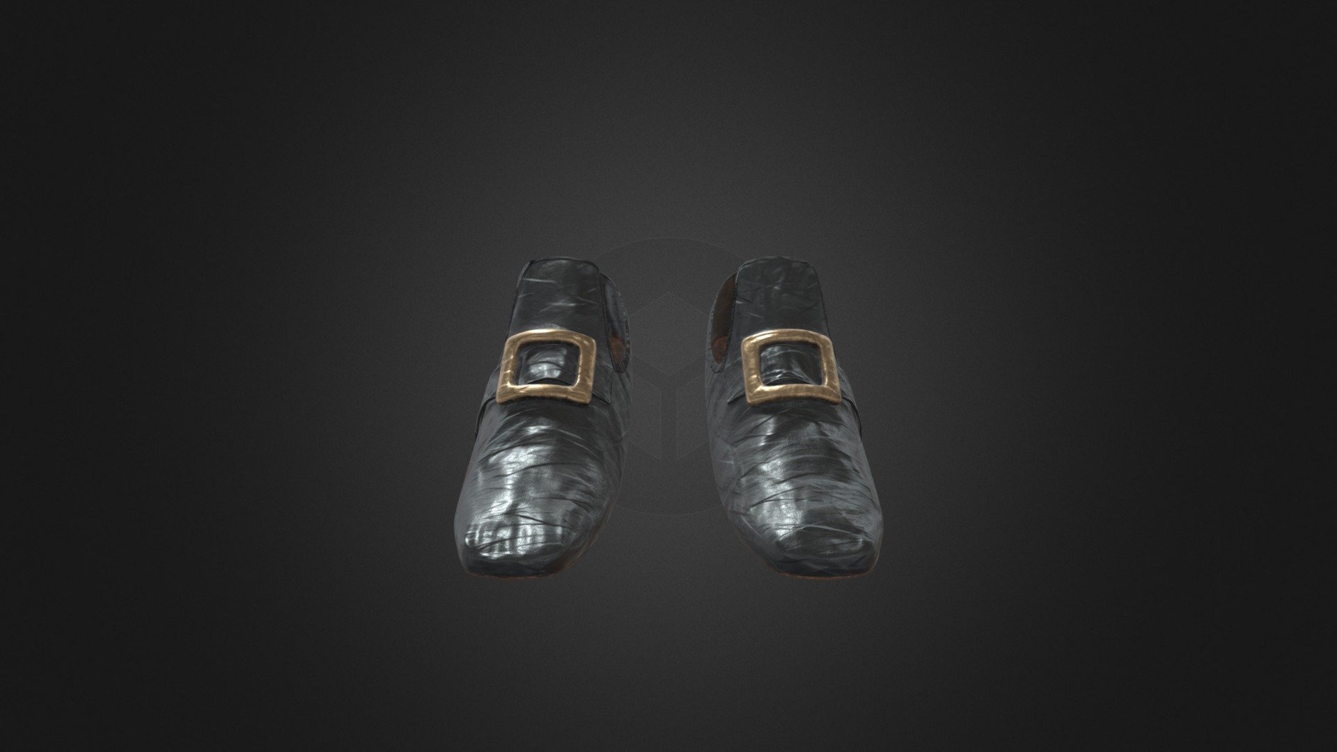 A pair of late 18th century / early 19th century mens buckle shoes. These shoes would be worn as typical daywear for men in the 18th century but in the early 19th century they were worn only by older men or at court as formal wear. These shoes are made of leather with a wooden sole and have been worn down over several years of use 3d model
