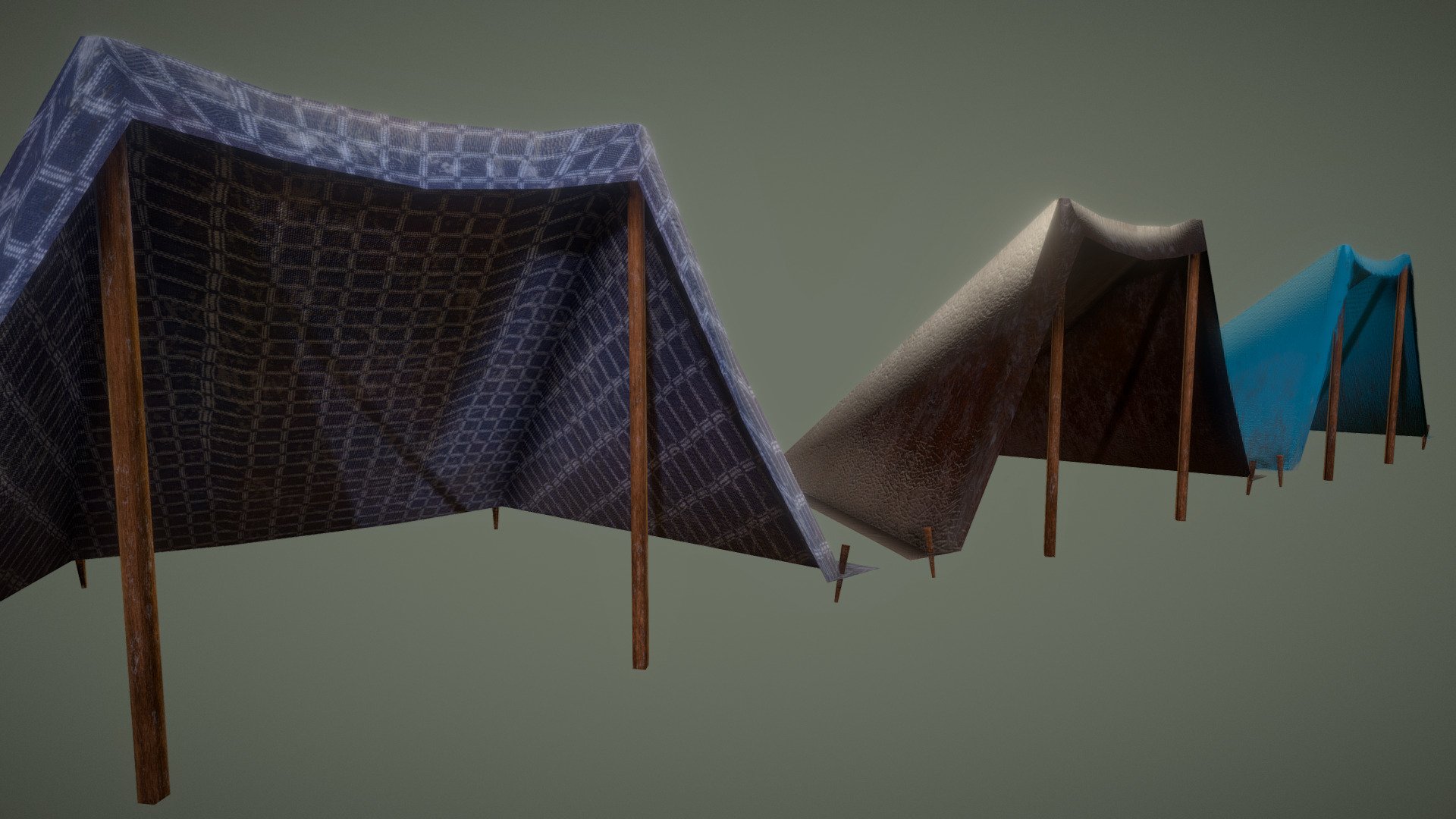 Here are some basic tents for merchants or shade-seeking NPCs to occupy in a game. I've made two fabric types and one leather type 3d model