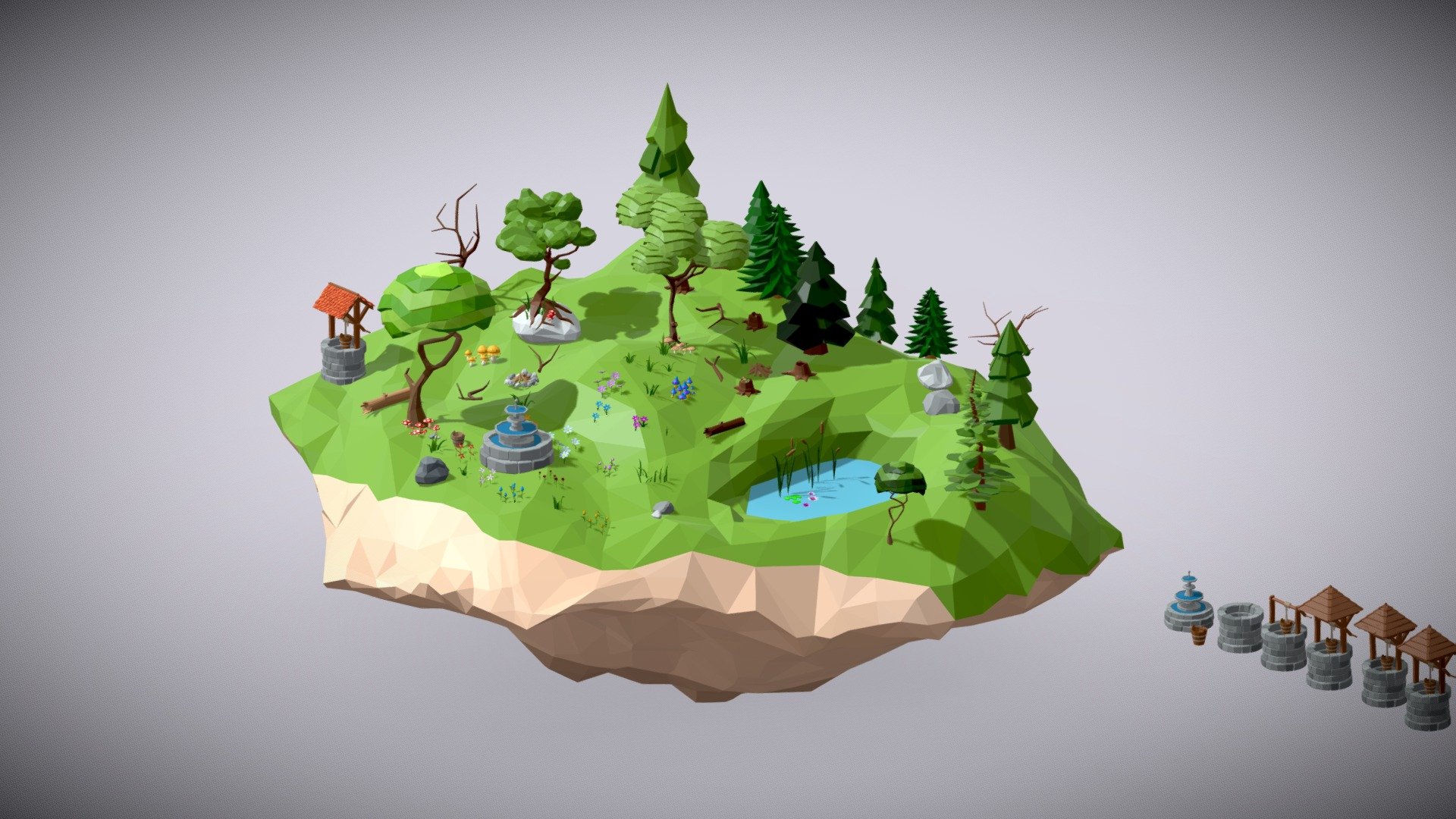 A stylized Low Poly Nature and Props Pack with trees, flowers, plants, stones, grass, wells/fountains and more.
Game ready assets suitable for mobile games and VR/AR experience.

This package includes 173 unique prefabs. All share a single 256x256 texture to increase performance. 

This package can be purchased on ArtStation and the Unity Asset Store (seller: Pure Poly).

–Package Content–

•   Environment/Other (20x) – island, buckets, campfire, fountains, wells, stones

•   Trees &amp; tree trunks/stumps (25x) – trees, fir tree, leafless tree, trunks/stumps, limbs

•   Flowers (57x) – daisies, tulips, roses

•   Grass (23x)

•   Mushrooms (37x) – fly agaric, round mushrooms, fantasy

•   Water plants (11x) – reed, water lilies

Also, if you like this package, please leave a review to let us and others know.

Free assets from this pack:





Fly agaric




Blue tulips




Winding tree


 - Low Poly Nature and Props Pack - Buy Royalty Free 3D model by purepoly 3d model