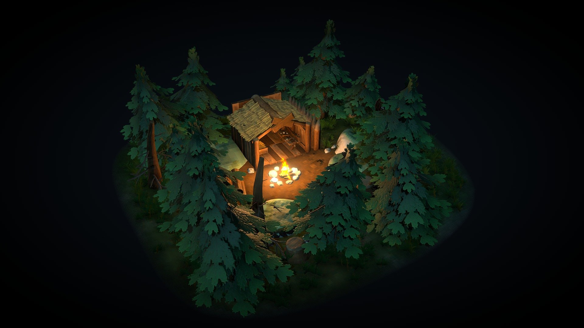 I was really curious on the particular art style the Valheim's devs went for, so i tried to replicate it and make a scene for it! Had a real fun time on this one.
Most of the texture here are made by downscaling to something between 50x50 and 100x100, depending on the size of the object, and then upscaling to a normal txt size (512 or 1024), keeping the hard edges of the pixels.
This method specifically on the normal map is what gives really strange results that match the art style.
That said tho, i think the devs are using some sort of shader in the engine to achieve the style! - Valheim Black Forest - Download Free 3D model by Reyhue 3d model