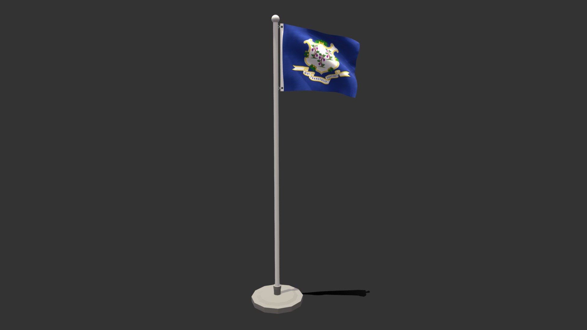 This is a low poly 3D model of an animated flag of Connecticut state. The low poly flag was modeled and prepared for low-poly style renderings, background, general CG visualization presented as 2 meshes with quads only.

Verts : 1.416 Faces : 1.343.

1024x1024 textures included. Diffuse, roughness and normal maps available only for flag. The pole have simple materials with colors.

The animation is based on shapekeys, 248 frames and seamless, no rig included.

The original file was created in blender. You will receive a OBJ, FBX, blend, DAE, Stl, gLTF, abc.

****PLEASE NOTE Animation icluded only in blend, FBX, abc and glTF files.

Warning: Depending on which software package you are using, the exchange formats (.obj , .dae, .fbx) may not match the preview images exactly. Due to the nature of these formats, there may be some textures that have to be loaded by hand and possibly triangulated geometry 3d model