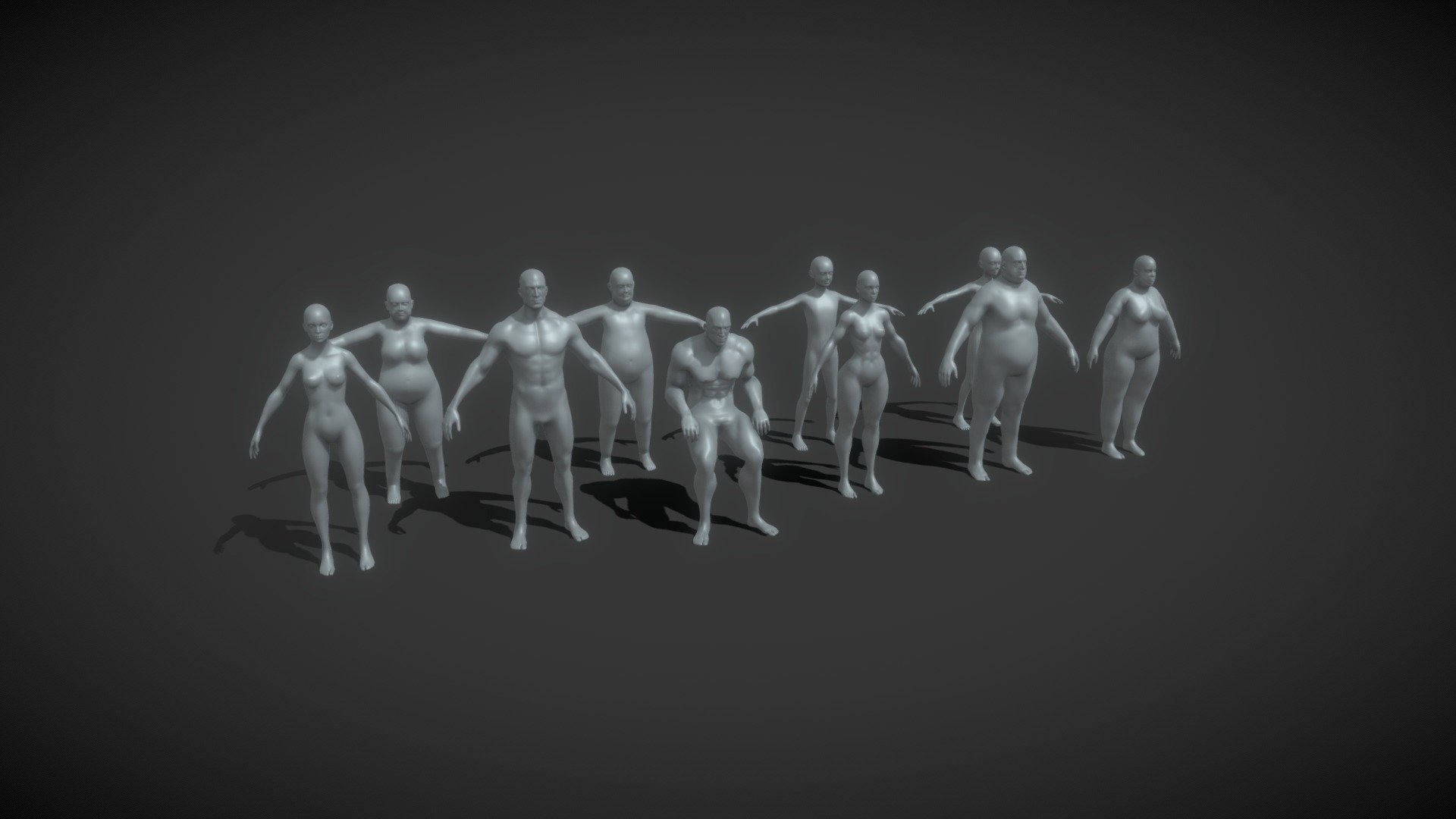Human Body Base Mesh Animated &amp; Rigged 20k Poly 10 3D Models Pack consists of 10 models:  


Male Body (20,026 P, 19,611 V)
Female Body (20,486 P, 20,258 V)
Boy Kid Body (20,842 P, 19,759 V)
Girl Kid Body (20,820 P, 19,739 V)
Male Body Fat (20,168 P, 19,954 V)
Female Body Fat (20,015 P, 19,678 V)
Fat Boy Kid Body (20,842 P, 19,759 V)
Fat Girl Kid Body (19,804 P, 20,908 V)
Strong Muscular (18,253 P, 18,040 V)
Strong Muscular (20,158 P, 20,786 V)

Good topology ready for animation.  

Technical details:  


File formats included are: FBX, OBJ, GLB, PLY, STL, ABC, DAE, BLEND
Native software file format: BLEND
All models are rigged and animated.
6 animations are included: idle, walk, run, squat, push-up, sit down &amp; get up. All animations are full cycles.
Only following formats contain rig and animation: BLEND, FBX, GLTF/GLB
You can buy any of them as a single model, or save 51% if you buy this pack.
 - Human Body Base Mesh Animated Rigged 20k Poly - Buy Royalty Free 3D model by 3DDisco 3d model
