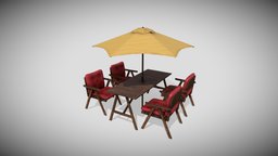 Park table with chairs and umbrella | Game-ready umbrella, ready, table, park, game, pbr, chair, low, poly