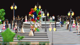 Mexico Lindo people, fountain, singer, performer, dance, culture, park, dress, mexico, mexican, vegetation, folklore, tradition, mariachi, dancers, low-poly, blender, lowpoly, folk-culture