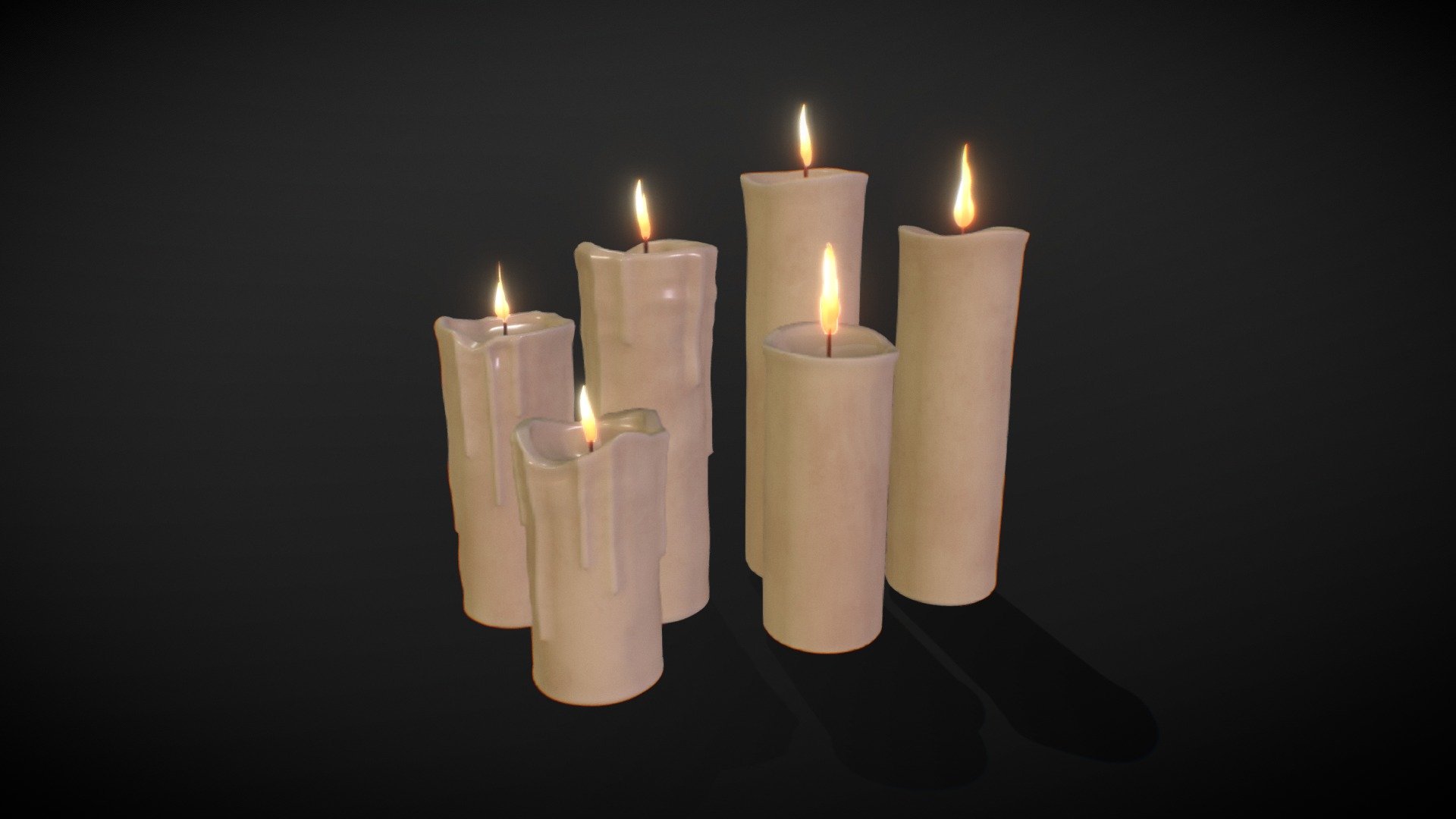 Candles asset pack at varying stages of melting. (Not animated)

1024x1024 to 2048x2048 textures. 

Created using Maya and Substance Painter 3d model