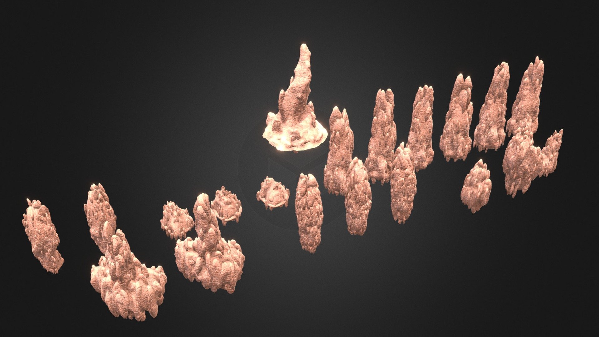 This Termite Mound pack consists of 21 handcrafted, fully textured models.

Included in the package are:




21 Low poly variations

PBR texture set

More info:

models range between 3K - 9.7K vertices

Ideal for instancing across a large terrain for games or short films.

The best way to import the models is through the .blend file because the material nodes are already set up there. However, it's also possible to set it up yourself in your software of choice by using the other available formats.

Preview:

 - Termite Mound Pack (21 variations) - Buy Royalty Free 3D model by Adrian Bik (@adrian_bik) 3d model