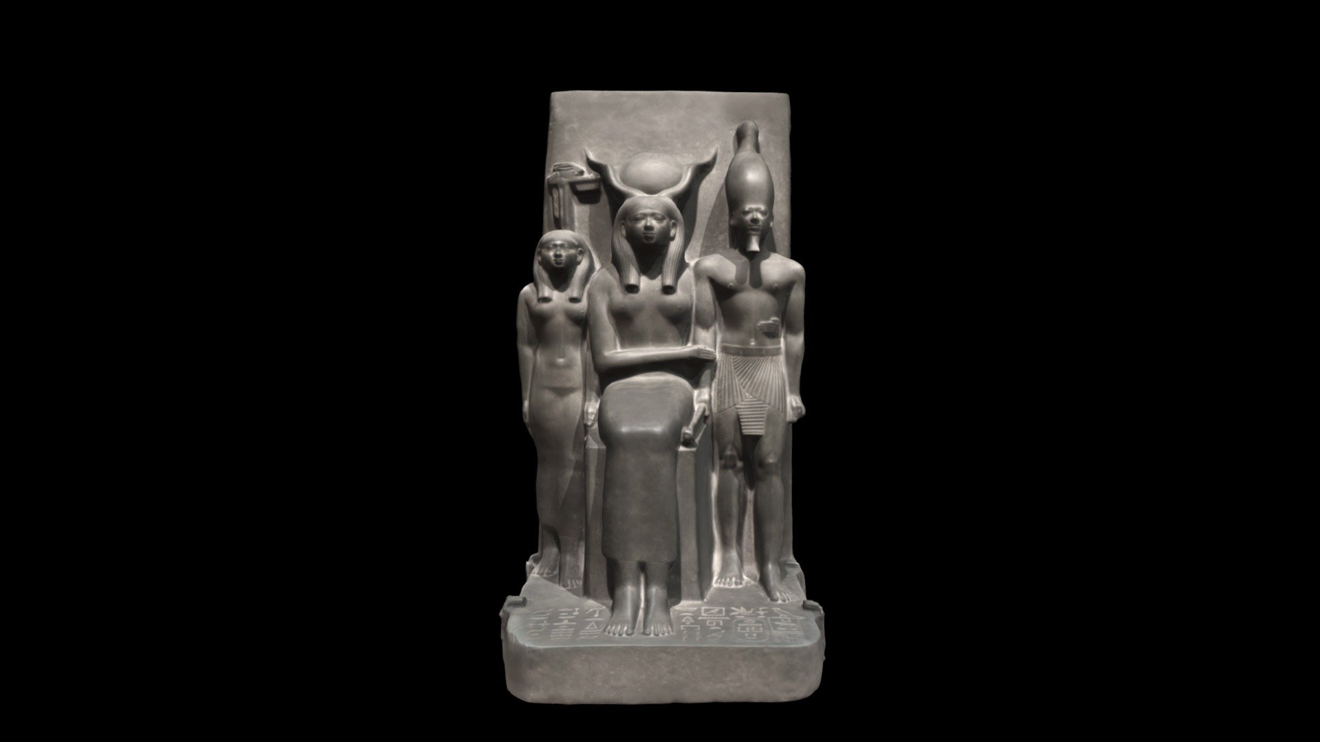 King Menkaure, the goddess Hathor, and the deified Hare nome

Egyptian Old Kingdom, Dynasty 4, reign of Menkaura 2490–2472 B.C. 

Findspot: Egypt, Giza, Menkaura Valley Temple

Greywacke

Width x height x depth x weight: 43.5 x 84.5 x 49 cm, 187.8 kg (17 1/8 x 33 1/4 x 19 5/16 in., 414.02 lb.) 
Mount (Steel pallet sits on wooden reinforced pedestal/4-steel clips): 10.2 x 62.5 x 64.8 cm (4 x 24 5/8 x 25 1/2 in.) 
Case (wooden pedestal): 100.3 x 68.6 x 71.1 cm (39 1/2 x 27 x 28 in.) 
Block (Plex-bonnet): 105.4 x 64.5 x 67 cm (41 1/2 x 25 3/8 x 26 3/8 in.)

Harvard University—Boston Museum of Fine Arts Expedition

Museum of Fine Arts, Boston 09.200

https://collections.mfa.org/objects/138424/king-menkaura-the-goddess-hathor-and-the-deified-hare-nome?ctx=e9a7949a-90a4-4ef2-a17f-1efc9903c7ca&amp;idx=0

Photography by Zhejiang University; photogrammetry by David Anderson.

This model should be used for non-commercial, educational purposes only 3d model