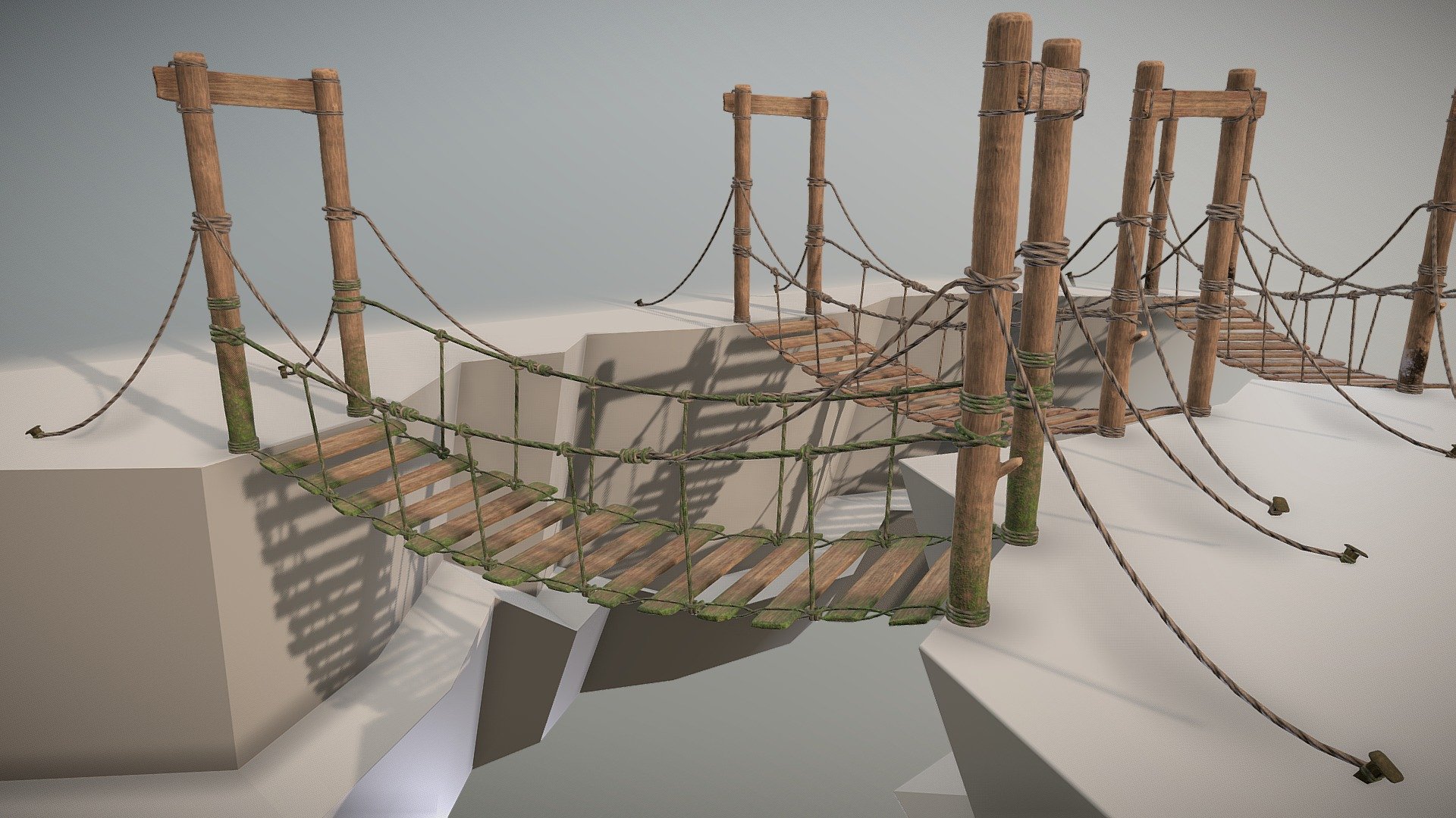 One more variant rope bridge designed to be game-ready while still having as much detail as possible. This asset is 1 meter wide x 2.5 meter tall x 5 meter long with extra tie downs extending a bit further. It contains a 2K, PBR ready material (10.24 texel density) with a base color, roughness, height, and normal map. The model uses overlapping UVs. It was created using fully licensced software (Maya, Zbrush, and Substance Painter) and can be used in any of your projects. Model is 42K Tris each.


Additional files contains:


4K and 1K Textures 
3 additional LODs (LOD1 - LOD3) 
Kit used to build the asset. 


Thanks for taking a look at my work! Feel free to give me a like or leave a comment if you have any questions. Be sure to follow as I will be making more assets in the future with a freebie every now and then 3d model