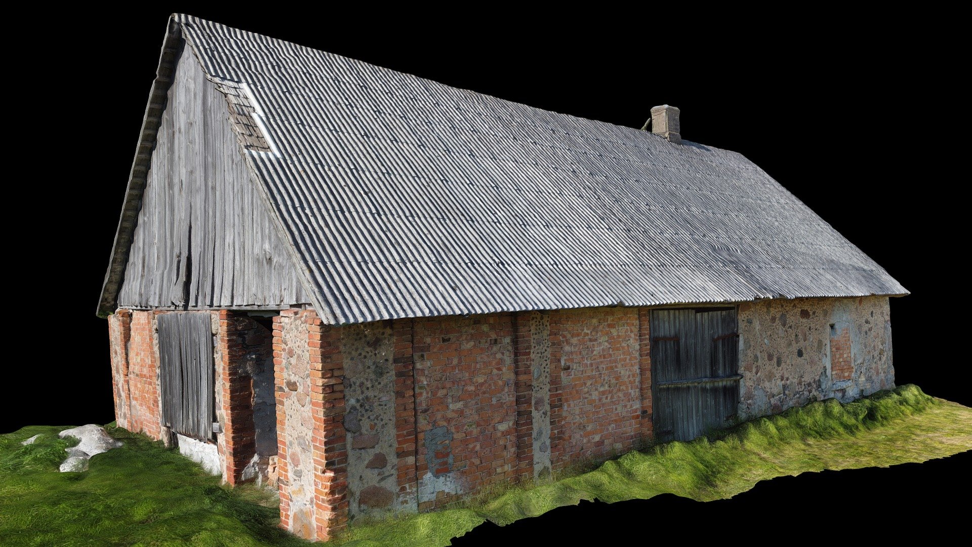 Abandoned, old, derelict stone barn with &lsquo;A' shaped roof.
Stone walls, tiled roof, chimney, old wooden doors 3d model
