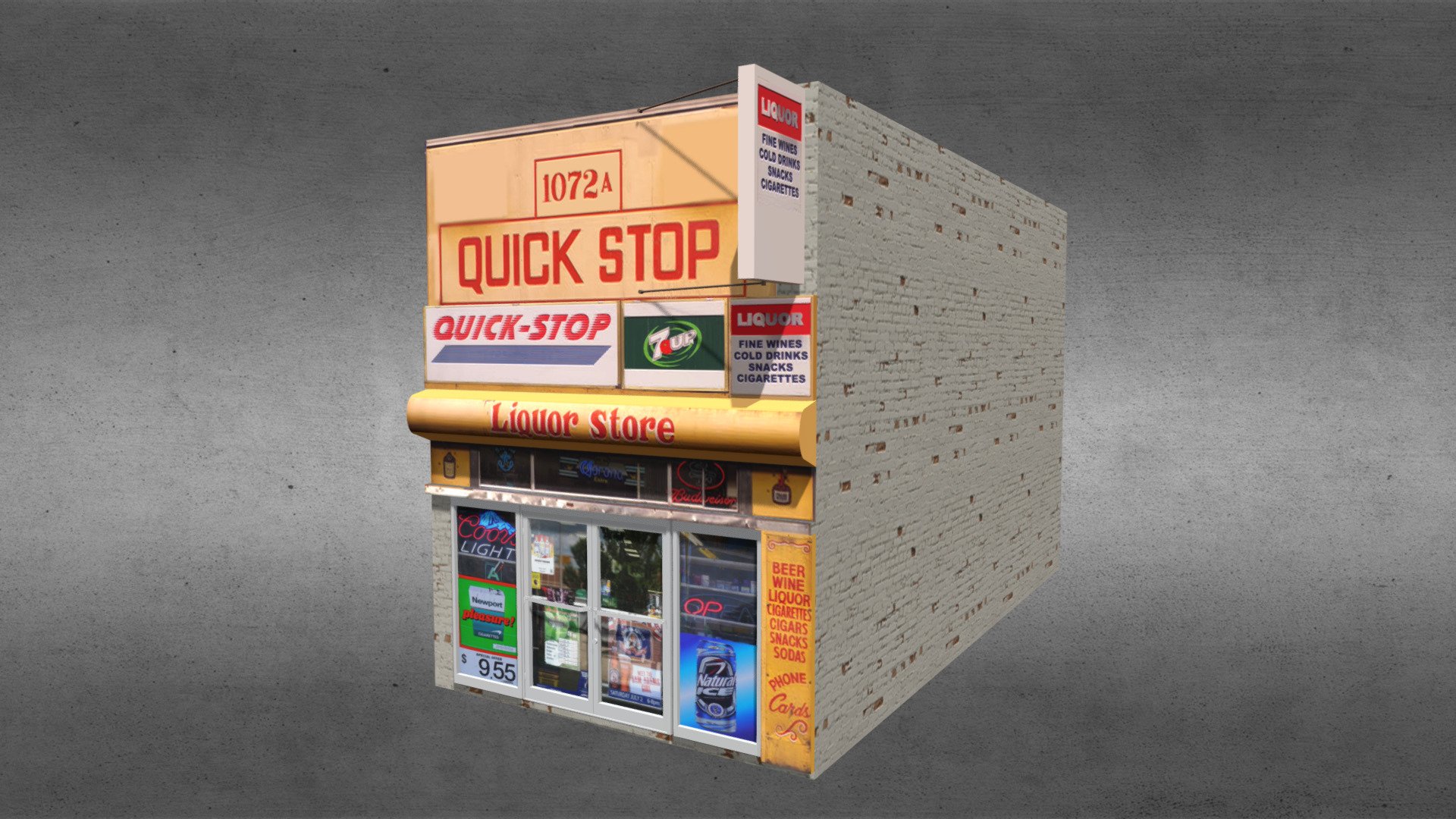 This is an exterior model of a quick stop service building.

Product Features:




Made with 3 and 4-point polygons.

Includes group information, which your software should interpret as separate parts: building, left door, right door.

Includes a separate interior panel part, which can be seen when the doors are open.

Textures:




The model is UV mapped.

One color scheme with texture maps and bump maps, at 2048x2048 pixels.

Original model by, and acquired, from Poserworld, and now owned by VanishingPoint 3d model