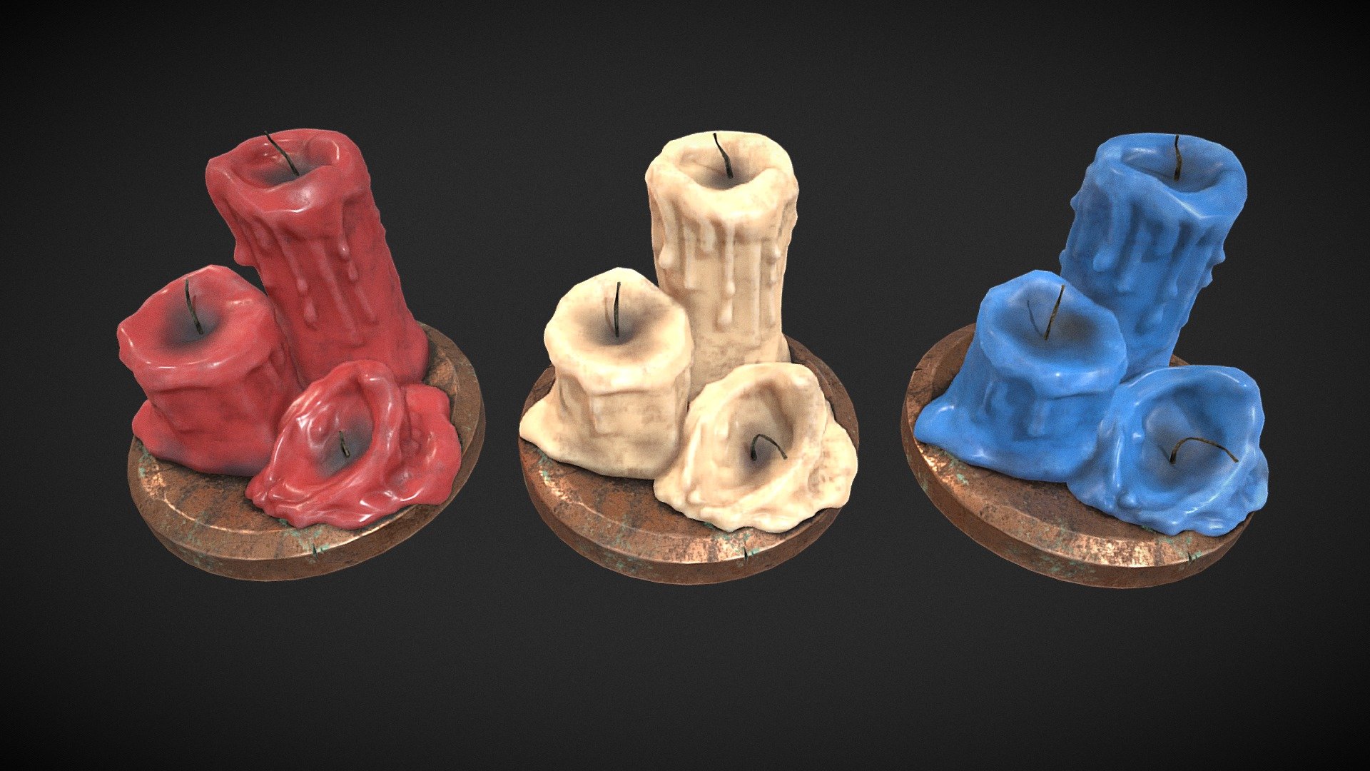 Three Melted Candles 
VR / AR / Low-poly
PBR approved
Geometry Polygon mesh
Polygons 7,098
Vertices 7,148
Textures 4K PNGb - Three Melted Candles - Buy Royalty Free 3D model by GetDeadEntertainment 3d model