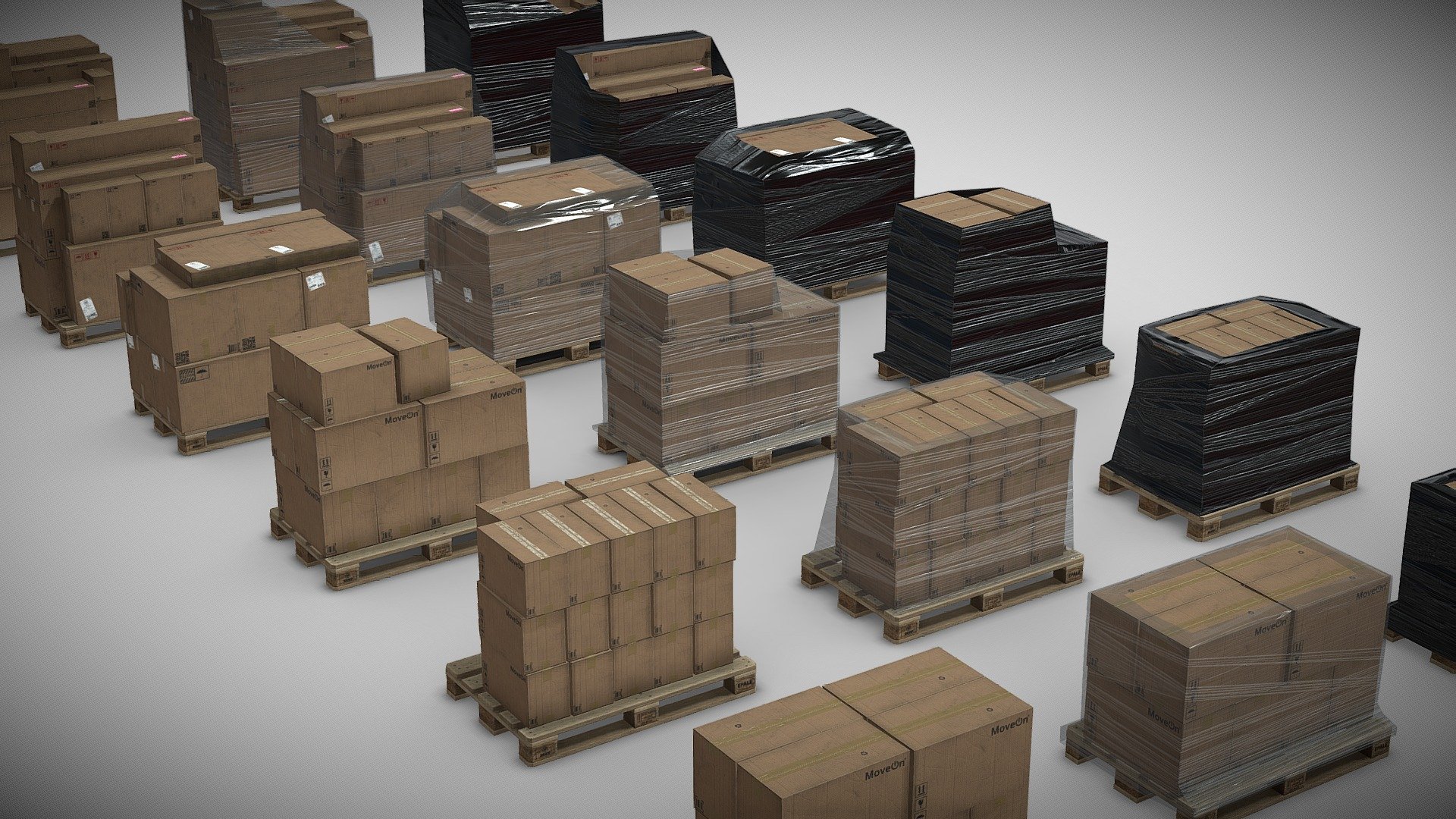 Realistic and detailed low-poly set of wood pallets with goods suitable for VR, industrial visualization, simulators, and games.

Technical Features:




PBR Textures: base color (RGB+A), roughness, metallic, normal map, height map, and opacity.

Polys:  35 - 174 (66 - 348 tris).

Number of unique meshes: 13

Real-world scale based on references.

Semi-modular (assets need to be assembled manually without snapping grid).

All branding and labels are custom made.

Formats included: .blend / .fbx

Textures:




Wrapping film: 2 sets, transparent and black.

Boxes Set 02: 3 sets, new, dirty, and old.

Pallet: 1 set, brand new




Number of textures: 60

Texture format: PNG

Texture size: 4096 x 4096 (4K)

The model can be used in any game, personal project, ArchViz, etc. It may not be reselled or redistributed.

Click here for more warehouse related models and more! - Wood Pallets with Goods - Buy Royalty Free 3D model by NotAnotherApocalypticCo. (@notanotherapocalypticco) 3d model