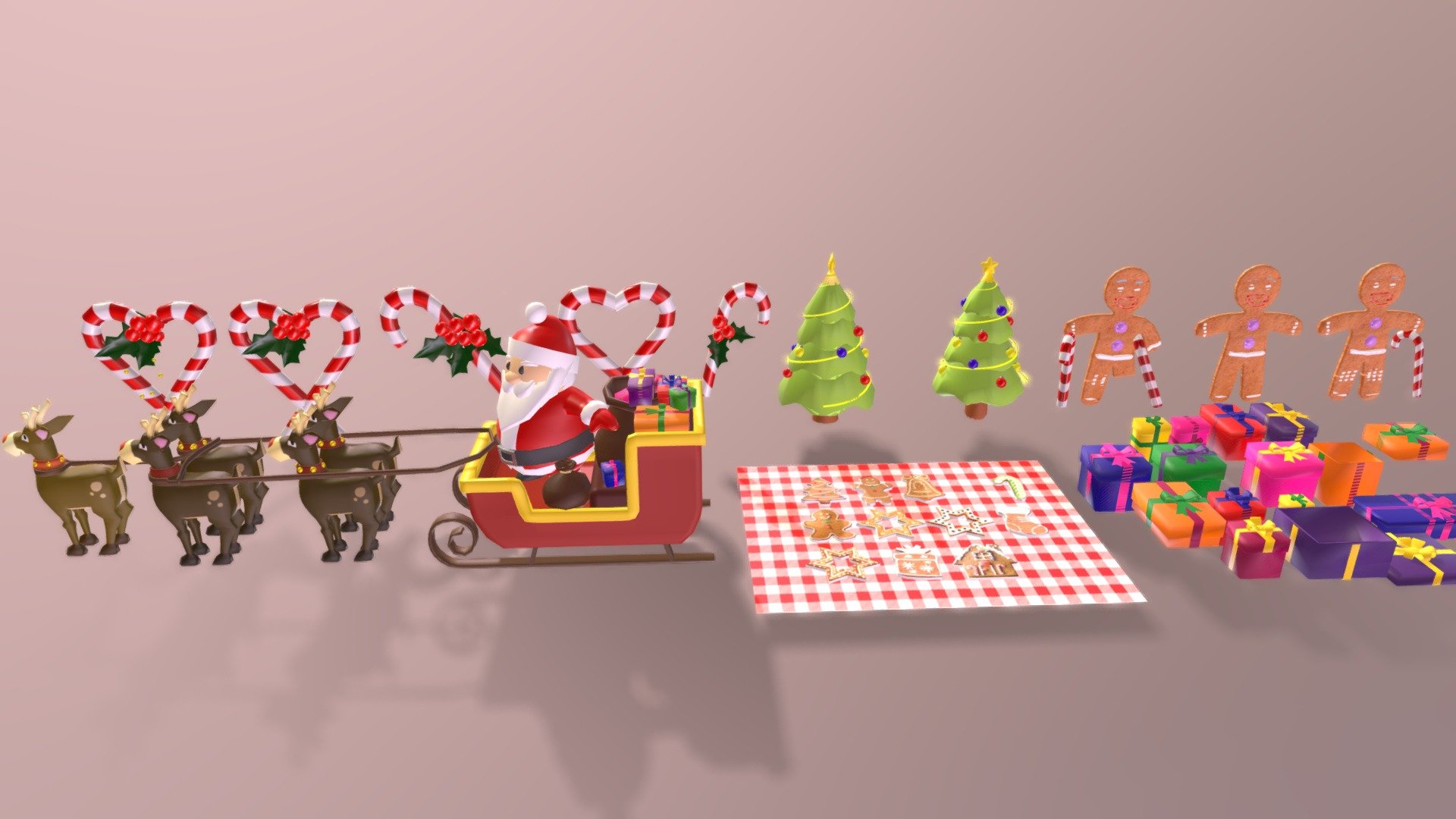 This is a Christmas pack 3D model . This is a low poly model. It is made in Autodesk Maya 2018 and texturized with uvs, iluminated and rendered in Arnold 2018. Texture its hand painted in Photoshop.

The model contins the sleigh and 5 deers together by a rope in their neck and santa inside the slide with presents. Also, we could see 2christmas tree around the sleigh such as decoration. There is a cookies pack and candy pack too , gingerbreadmen and presents.

This model can be used for any type of work as: low poly or high poly project, videogame, render, video, animation, film…This is perfect to use it as decoration in a Christmas Scene or for a CHristmas postcard image with other christmas decoration that you could see in my profile too…

This contains a .fbx and all the textures.

I hope you like it, if you have any doubt or any question about it contact me without any problem! I will help you as soon as possible, if you like it I will aprecciate if you could give your personal review! Thanks - christmas pack - Buy Royalty Free 3D model by Ainaritxu14 3d model