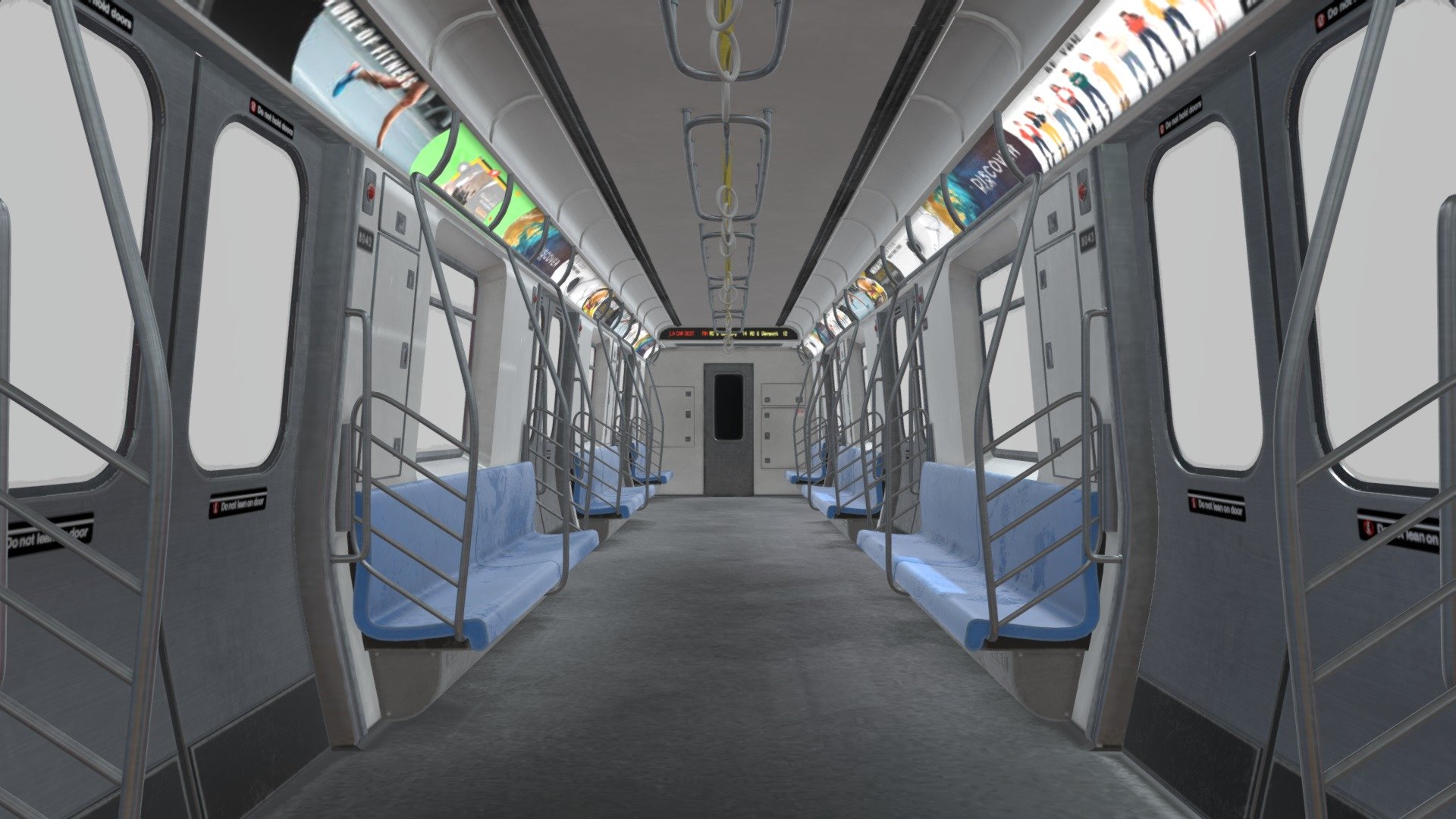 This subway car interior is inspired by a New York R160 class of subway car. THIS IS ONLY THE INTERIOR. NO EXTERIOR. The model is viewable from all angles inside the car. This model is great as an All in 1 subway interior and can be easily modified by removing the chairs and railings.

This Includes:

The mesh (Subway Car Base, Chairs, Doors, Railings)
-8K, 4K and 2K Texture Sets (Albedo, Metallic, Roughness, Normal, Emissive, Opacity)

The meshes are all UV Unwrapped with vertex colors for easy retexturing 3d model