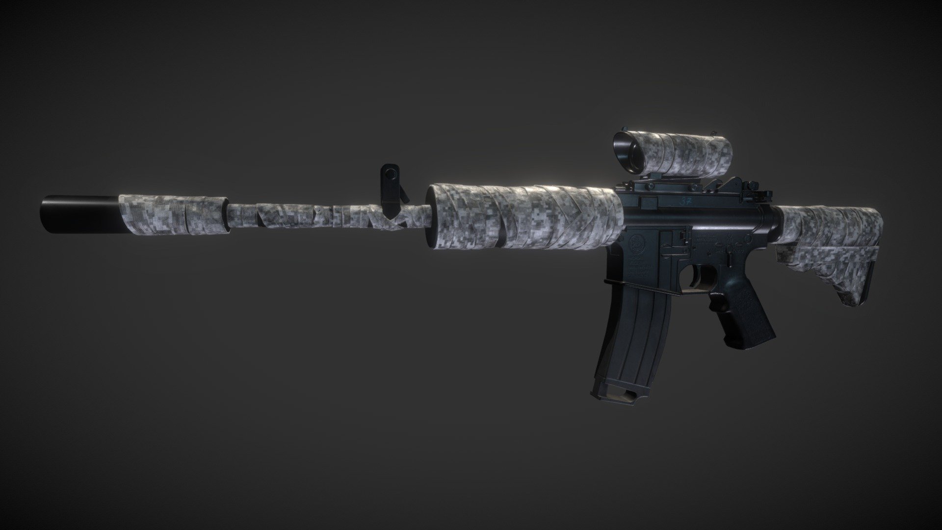 M4A1 rifle wrapped in bandages for camouflage. 29k triangles, the archive contains the model itself in fbx extension and textures in resolution from 1k to 4k in png format. The model is ready for export to game engines. Sight and bandages - a separate mesh with its own uv space. Renders can be viewed here: https://www.artstation.com/artwork/3dZRbD - M4A4-Bandage - 3D model by unknownoffc 3d model