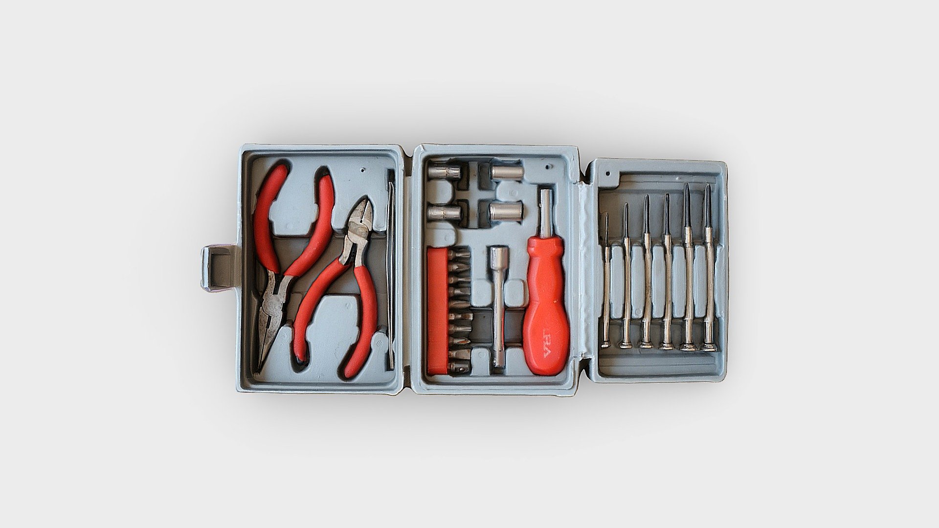 A small set of tools for small jobs. The set includes pliers, screwdrivers of different thickness - for very small screws, up to medium-sized screws, box wrenches 3d model