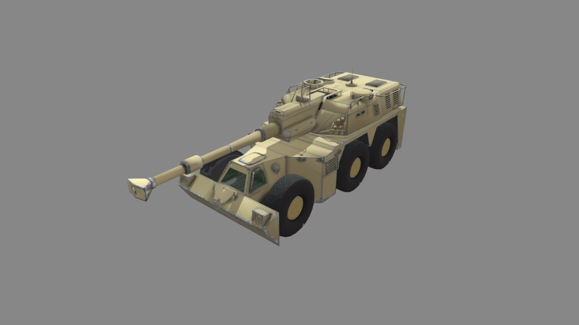 The G6 self propelled howitzer was developed around the ordnance of the G5 howitzer. It is one of the most powerful self-propelled equipment on a wheeled chassis. In addition to the logistical mobility afforded by a wheeled chassis, the G6 is protected against counter battery fire and is able to defend itself in an unsecured area. The chassis is mine protected. The G6 is produced by the LIW division of DENEL Corporation in South Africa. It entered production in 1987 3d model
