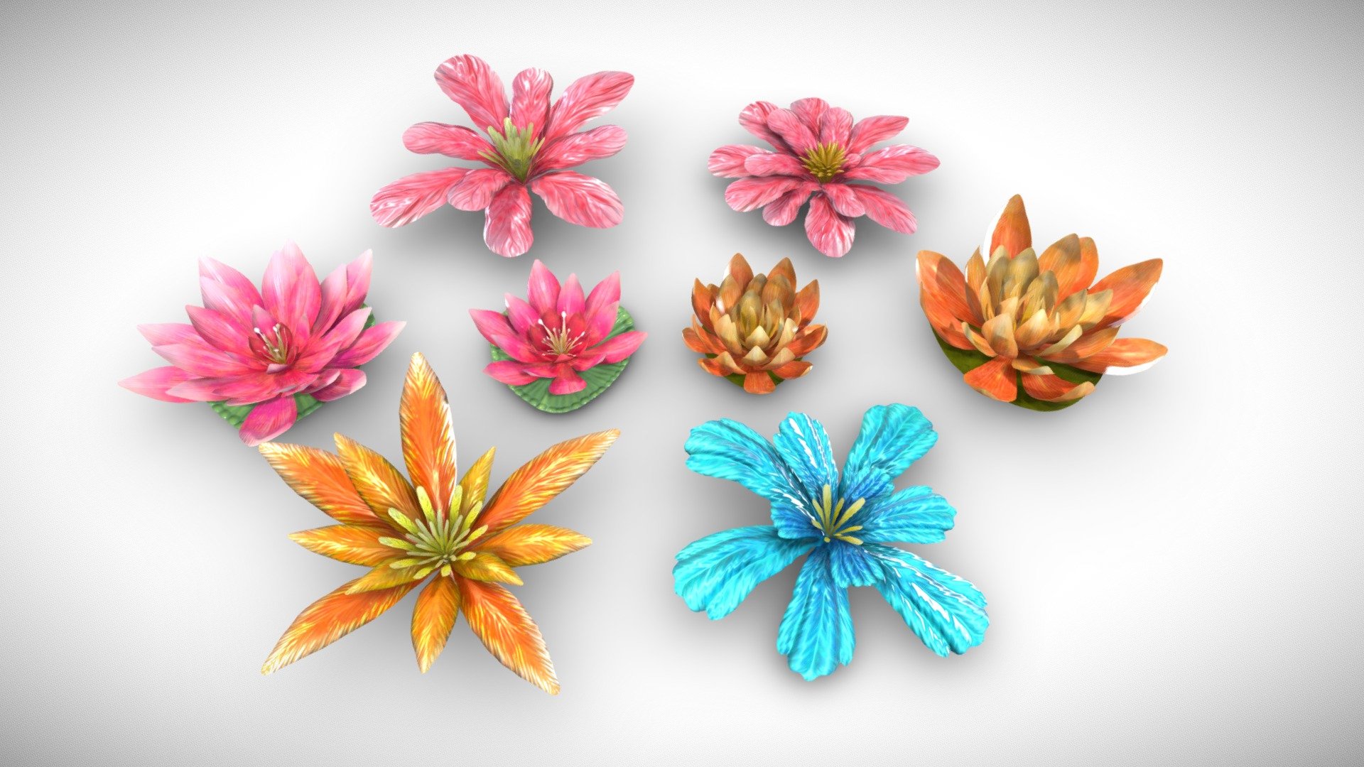 This meshes contain 3 UV Maps with 4096x4096 textures, and are optimized for videogames.
The meshes have been cut around transparency to reduce overdraw of the opacity channel.
Lotus A, Lotus B, and 4 flowers have their own UV Textures, respectively.

Textures are the following:
- Diffuse
- Roughness
- Normal Map
- Opacity

Seperate FBX Files are included upon purchase - Alien Fantasy Flowers - Lotus and Petals - 4k - Buy Royalty Free 3D model by Davis3D 3d model