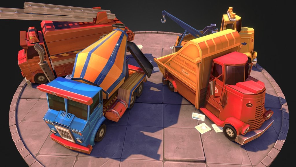 4 trucks from the Urban Vehicles pack.Available now for sale on Unity Store - Stylized Urban Trucks - 3D model by Polygrade3D 3d model