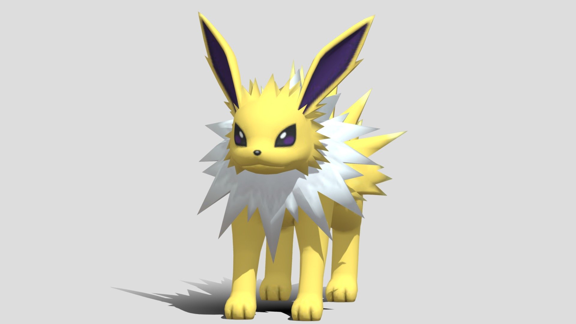 Jolteon is a quadrupedal, mammalian Pokémon. It is covered in yellow fur with a spiky fringe around its tail and a white ruff around its neck. Its ears are large and pointed with black interiors, and its eyes and small nose are black. It has slender legs and small paws, each with three toes and a pink paw-pad.

Jolteon creates electricity using an organ in its lungs, which causes crackling noises as it exhales. It can also generate low-level electricity in its cells, which is amplified by the negative ions it gathers and generates in its fur, allowing it to discharge 10,000-volt lightning bolts. Jolteon's prickly fur is made of electrically charged needles, which create a sparking noise as it moves. It is capable of launching its fur at enemies when agitated or startled; the charge is so powerful that it can remain on the shed fur for a long time. This Pokémon is most often found in cities and towns under the ownership of Trainers 3d model