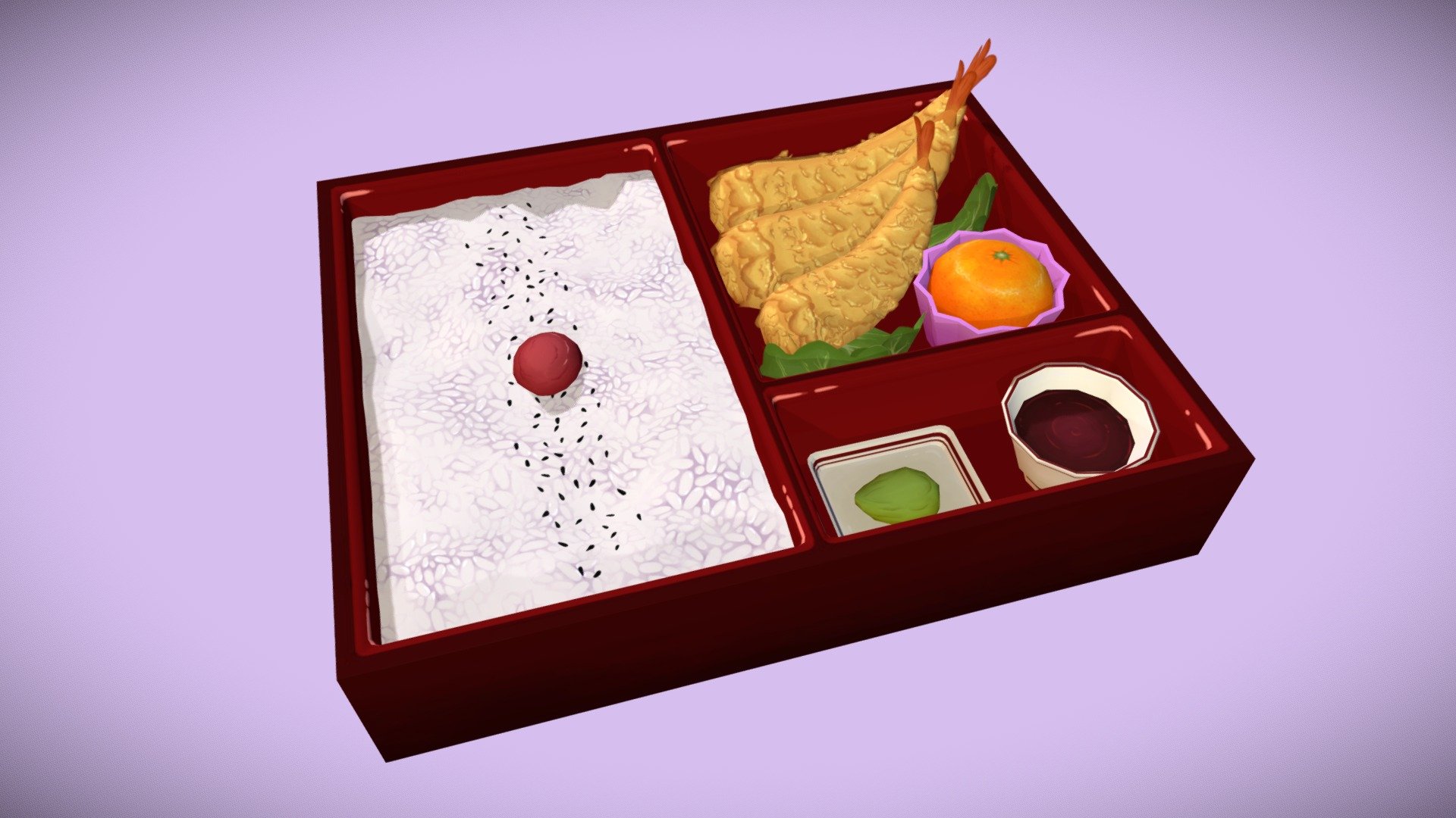 My entry for sketchfab #foodchallenge by @Curlscurly . Also my very first model here on sketchfab! Had a great time making this! - Tempura Bento  #foodchallenge - 3D model by Brenda Najera (@Unikern) 3d model