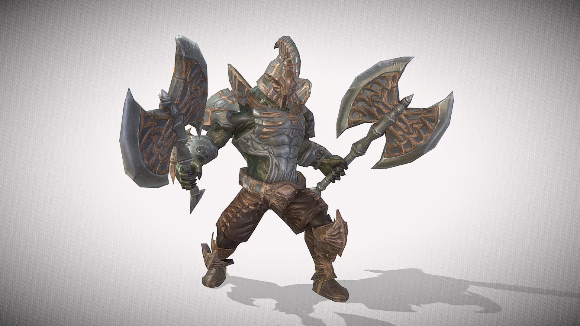 Orc Warrior, animated and rigged.




Model: 4020 triangles, 3092 vertices.

Rig: type generic.

Anims: 15.

Clips: appearance, damage, die, die idle, idle, knock down, knock down idle, rise, run, skill evil bash, skill evil rush attack, skill fury, skill normal attack, spawn, stun.

Mats: diffuse, normal, occlusion and metallic.

Res: 2048 x 2048.
 - Orc Warrior 3 - Buy Royalty Free 3D model by Jacob Shearston (@JacobShearston) 3d model