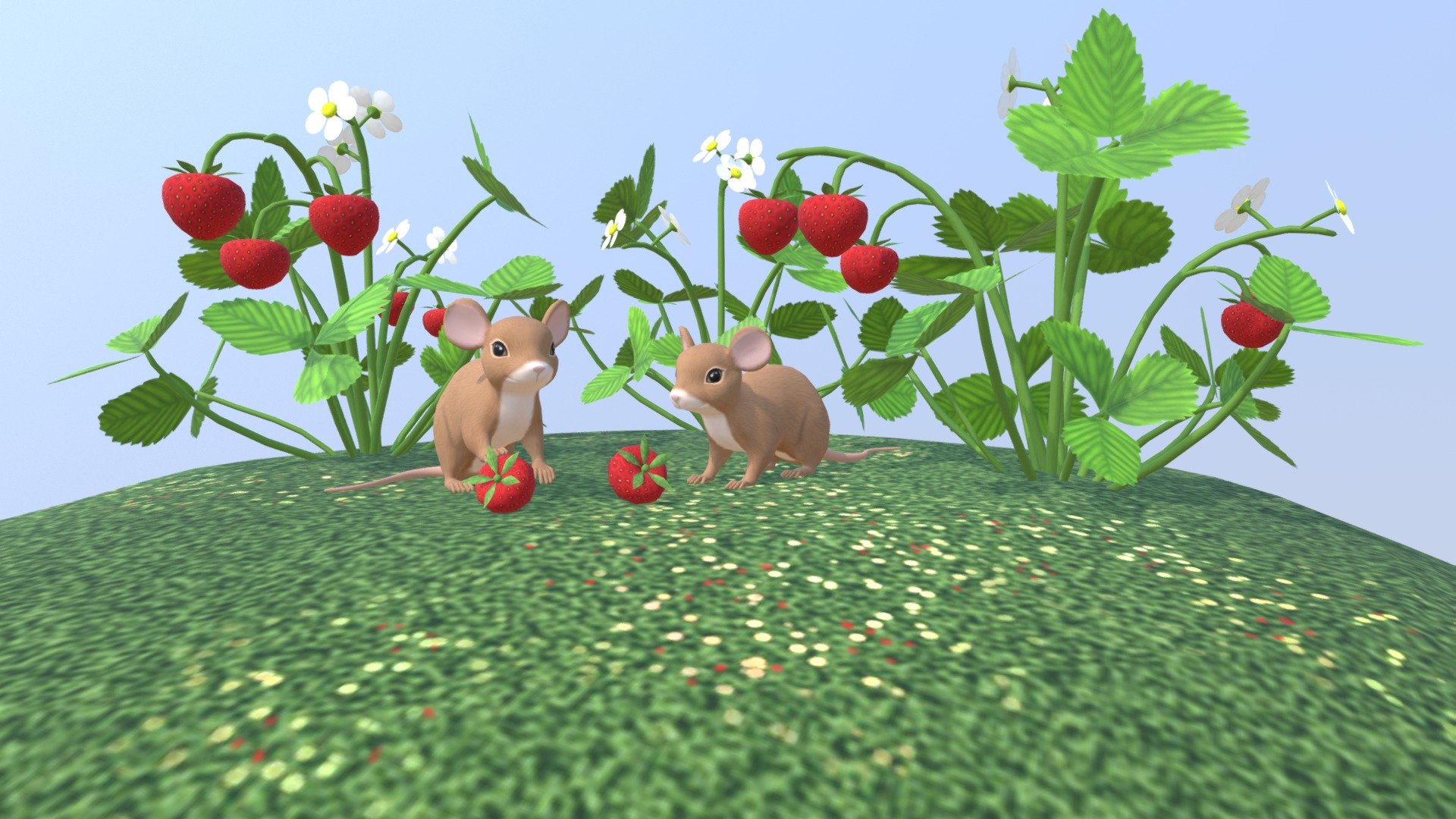 2 mice in a strawberry field.Hand painted textures 3d model
