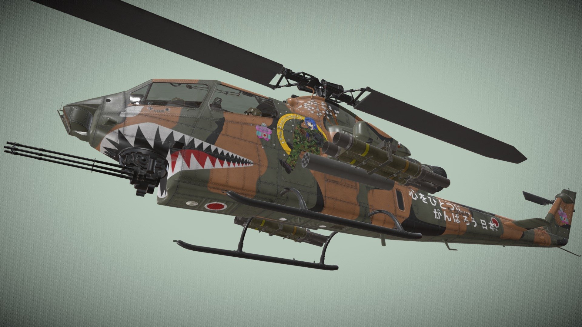 The Bell AH-1S Cobra is a single-engined attack helicopter 

Static and Complex Animation versions are available as seperate models (see my profile models)


File formats: 3ds Max 2021, FBX, Unity 2021.3.5f1


This model contains 7 Animations (See dropdown list below the time line)


Weapon:


* - Launcher M-260 with Hydra 70 missiles 

* - Launcher M-261 with Hydra 70 missiles 

* - Missile Launcher BGM-71D TOW-2 X2 

* - Missile Launcher BGM-71D TOW-2 X4 



This model contains PNG textures(4096x4096):


-Base Color

-Metallness

-Roughness


-Diffuse

-Glossiness

-Specular


-Emission

-Normal

-Ambient Occlusion
 - Bell AH-1S Cobra JGSDF Wakana Aoi Basic - Buy Royalty Free 3D model by pukamakara 3d model