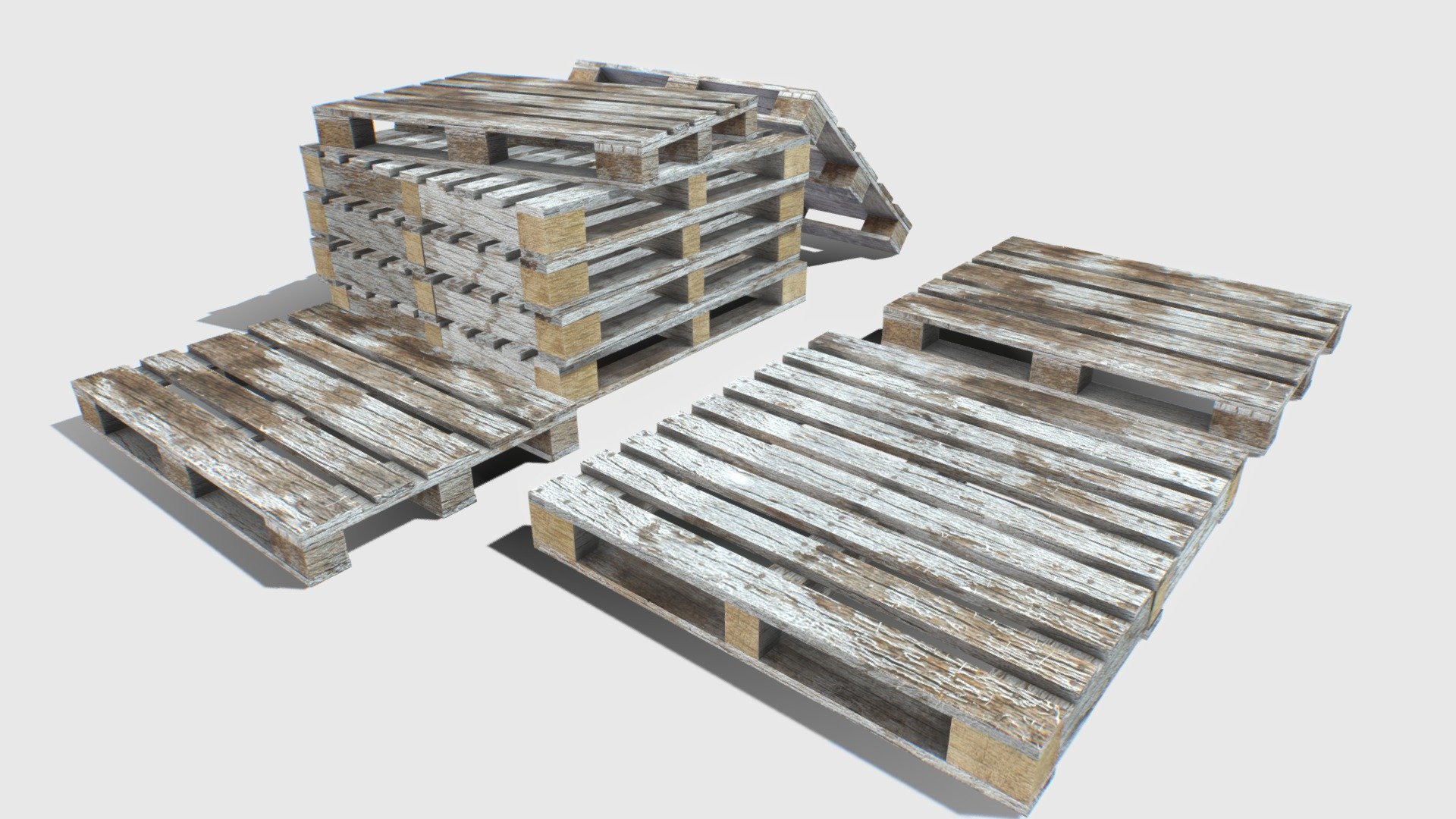 Industrial pallets based in real ones. 3 pallets included: 1200x1200 1200x1000 and 1200x800 cm.

Comes with 1 set of PBR 4096p textures including Albedo, Normal, Roughness, Metalness and AO.

Suitable for factories, hangars, warehouses, construction sites, trucks, etc..

Realistic scale. Total verts 600, polys 1100

Pallet1 270verts.
Pallet2 160verts.
Pallet3 160verts 3d model
