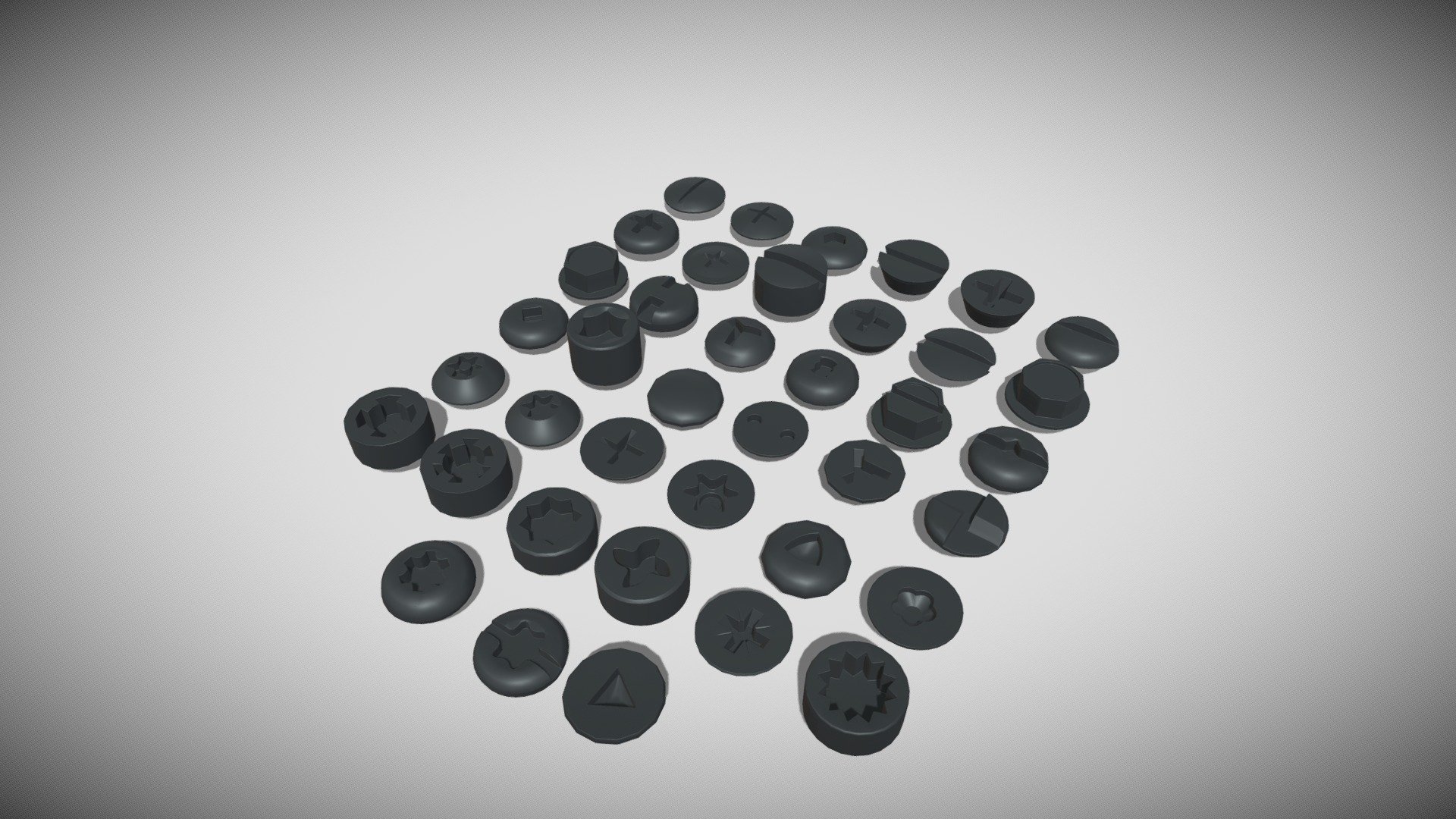 This pack contains 39 detailed models of different types of screw heads, modeled in Cinema 4D.The models were created using approximate real world dimensions.

An additional file has been provided containing the original Cinema 4D project files and other 3d export files such as 3ds, fbx and obj 3d model